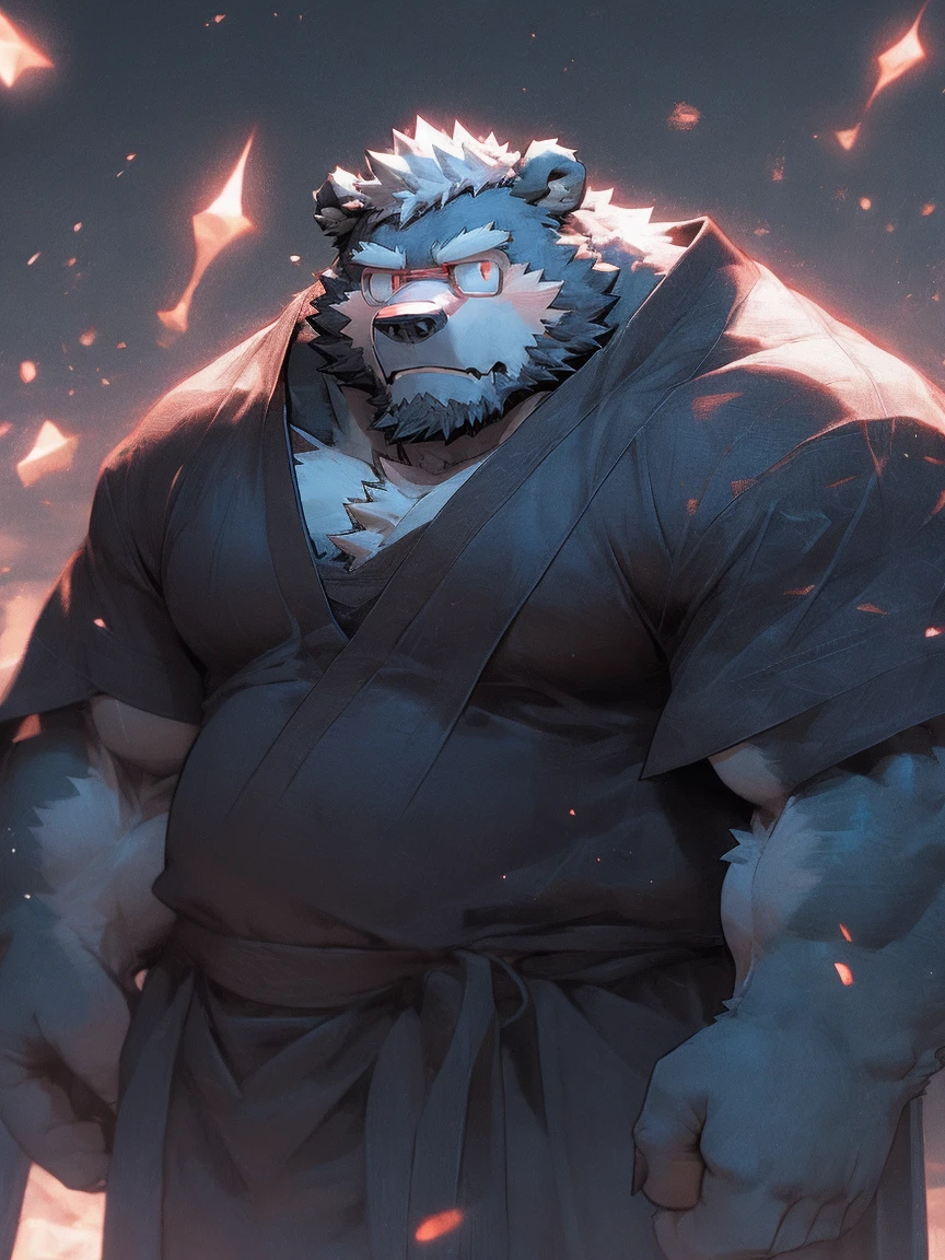 Alone, Detailed, Male, Beastman Bear, Wizard, With Glasses, Red Eyes, Scar on Right Eye, White Fur, Hairy, Fat, Black Beard, Wizard Robe, Bare Pectorals, Particles of Electricity