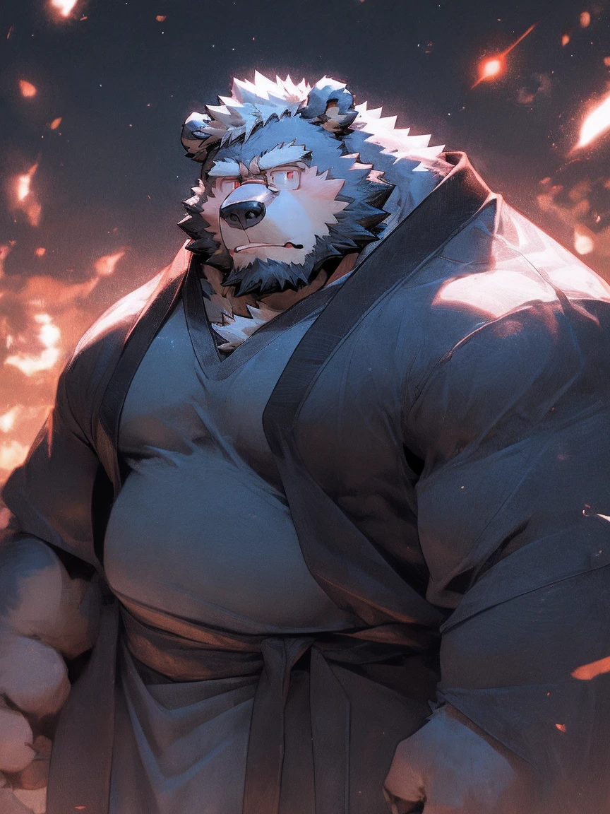 Alone, Detailed, Male, Beastman Bear, Wizard, With Glasses, Red Eyes, Scar on Right Eye, White Fur, Hairy, Fat, Black Beard, Wizard Robe, Bare Pectorals, Particles of Electricity