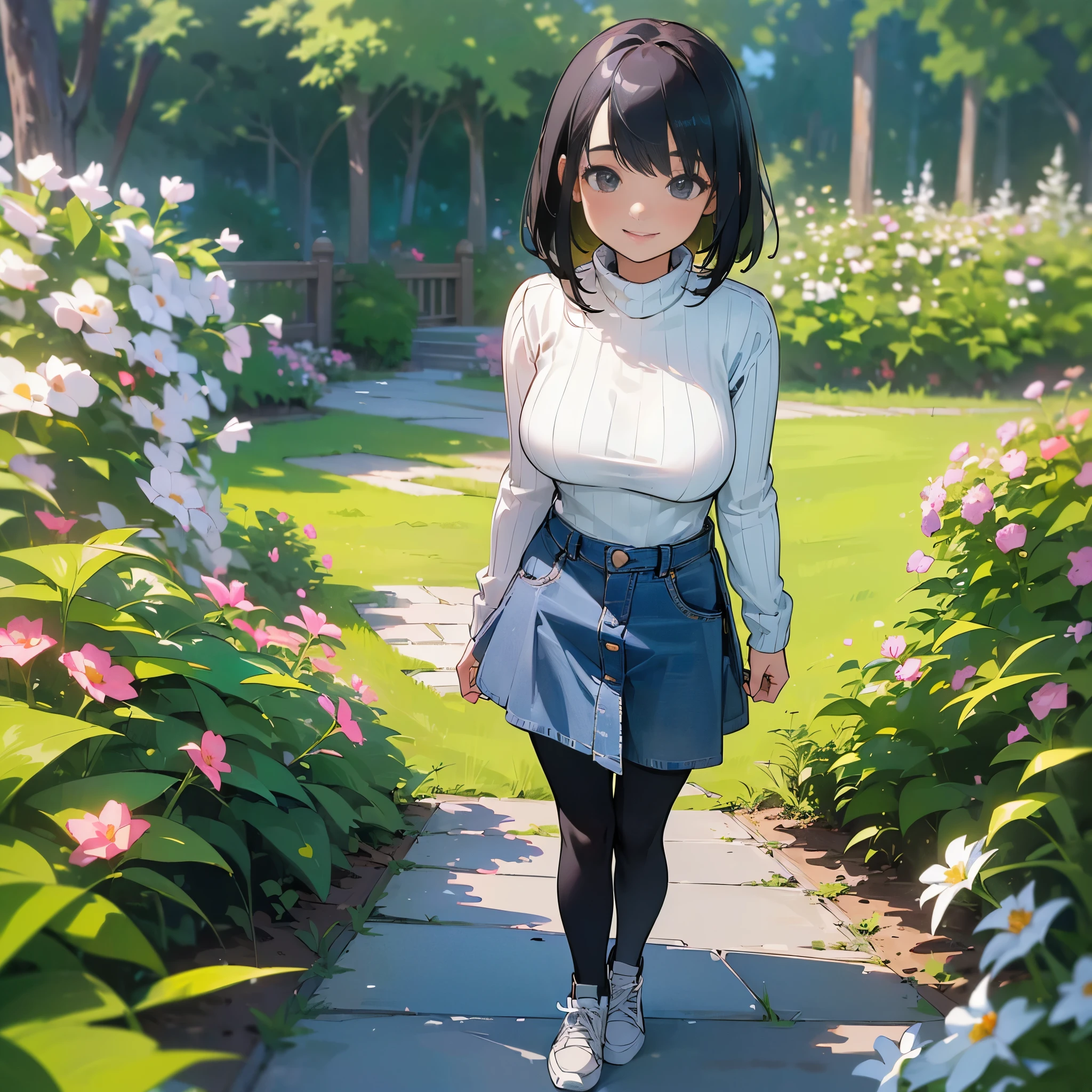 (high quality, High resolution, Super detailed, reality:1.37), peaceful atmosphere, (outdoor, garden), age girl standing alone, (my breasts are big.), Beautiful detail features, cute smile, (black bob hair), ribbed sweater, denim mini skirt, black tights, sneakers.