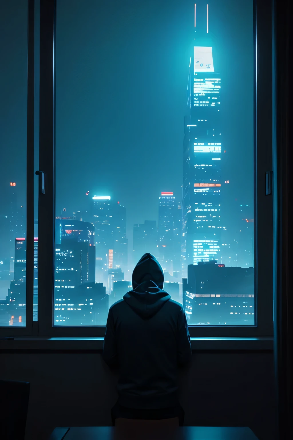 Man in hoodie facing away looking out window of a sad dingy apartment at a futuristic city with bright neon lights