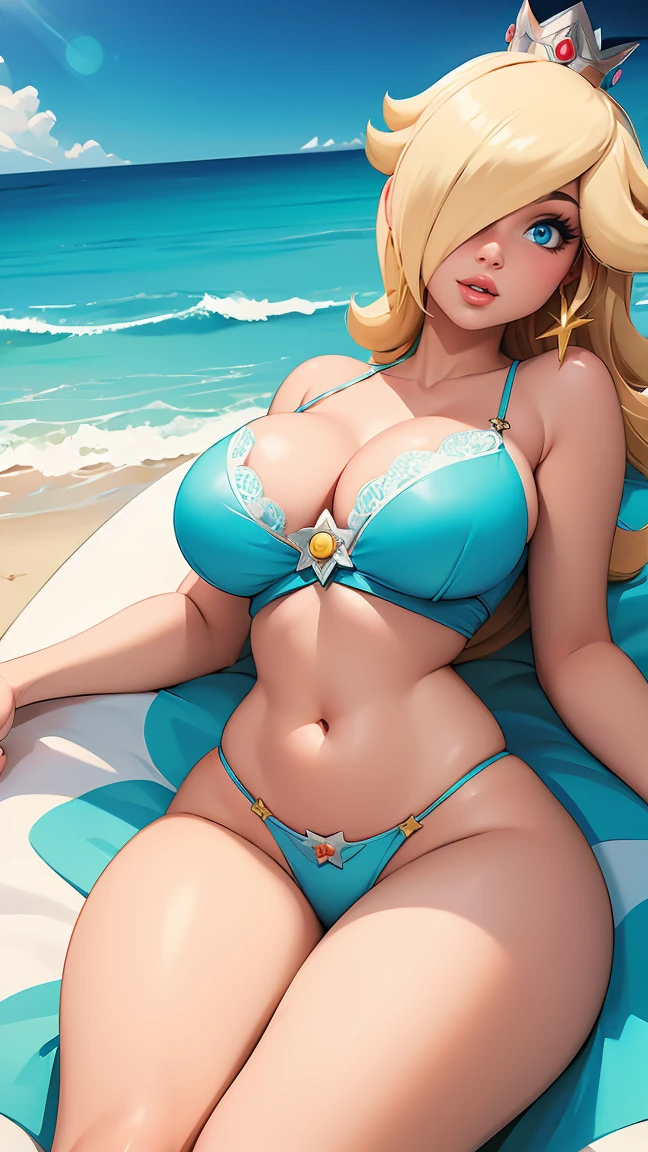 ((masterpiece)), ((best quality)), (detailed), perfect, solo, rosalina, gorgeous woman with blue bikini, luscious lips, long hair, huge breast, deep cleavage, huge breasts, sexy, lying down