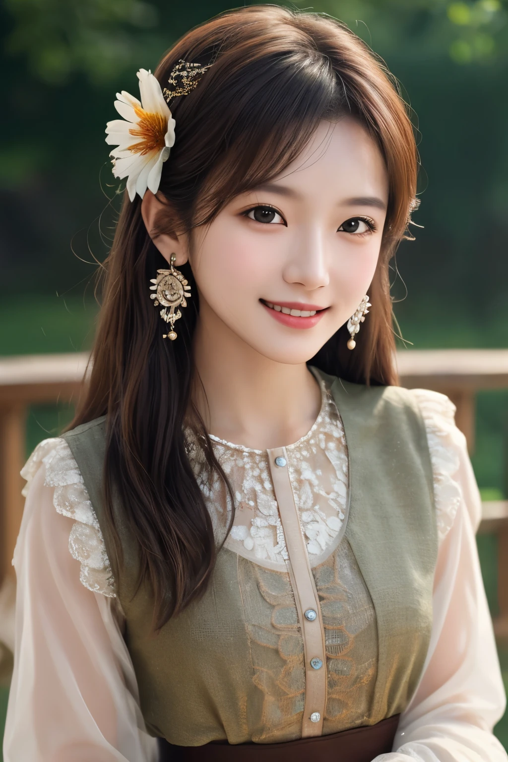 girl cujoami, 1 girl, (Smile), Photography Art, blurred background, brown eyes, brown hair, earrings, flower, hair flower, hair accessories, jewelry, lips, cosmetic, skirt, alone, Stunning photos of beautiful saturation, ultra high resolution,(actual:1.4)),深shadow,(best quality, masterpiece), pale skin, dim, shadow, flustered, blush, Very detailed, ((Upper body:0.8)), skinny, BREAK depth of field, film grain, wrinkled skin, looking at the audience, knee, warm Smile, (masterpiece,best quality:1.5) masterpiece,ultra actual,32k,Extremely detailed CG unified 8k wallpaper, best quality, (Upper body:1.2)