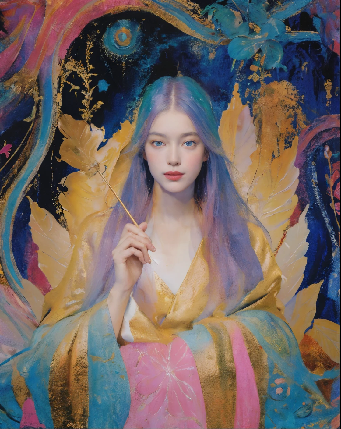 L a colorful Palette Knife Oil Painting ,animated girl with pink and blue grass,in the style of over,high contrast,tropical baroque,bio-art,light violet,cornelia parker,uhd image,botanical impressions,, best quality, masterpiece, highres, absurdres, incredibly absurdres, huge filesize, wallpaper, colorful,8K,RAW photo, Beautiful detailed girl, (oil painting:1.5), (NSFW:1.2), 1girl laying, feature, pureerosface_v1, Ambilight, slender waist, (splash, brushwork:1.5),double exposure, fussion of fluid abstract art,(original illustration composition),( fusion of limited color, maximalism artstyle, geometric artstyle) Incorporate vibrant colors, dynamic brushstrokes, and intriguing textures to capture the essence of the subject's inner world, capturing a surrealist vision, Perfect centralization, Um caozinho bonito ruivo por toda parte, Usa uma jaqueta, Standing position, beleza abstrata, Centrado, looking at the camera, Facing the camera, nearing perfection, Dynamic, luar, altamente detalhado, pintura digital, art stations, Conceito-Arte, liso, sharp focus, 8k, high-definition resolution, illustration, arte de Carne Griffiths e Wadim Kashin, fundo futurista. ,holy light,gold foil,gold leaf art,glitter drawing, PerfectNwsjMajicMai