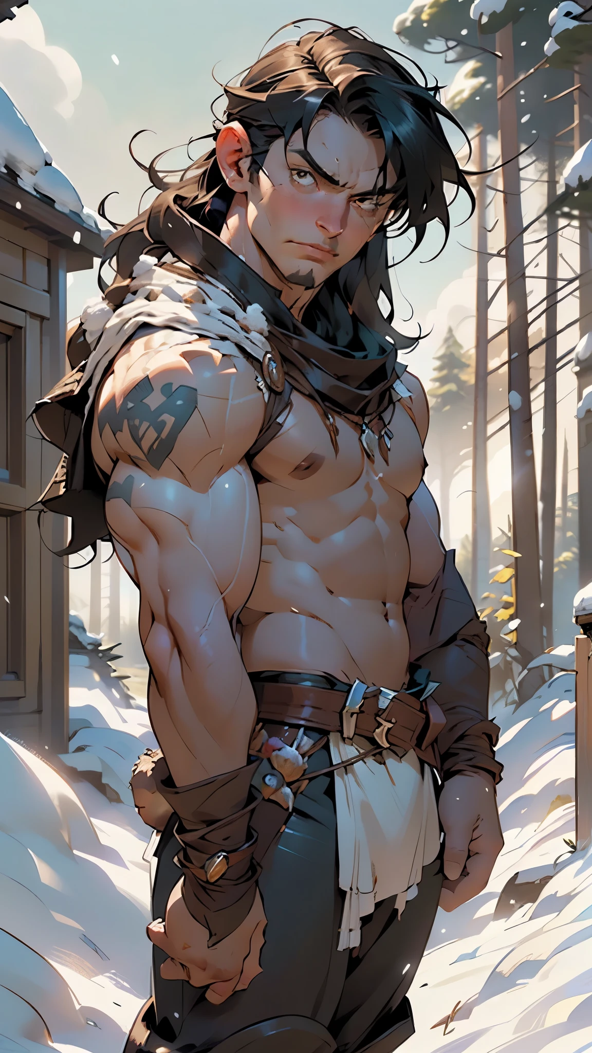 Create a character inspired by Sylas from League of Legends, specifically his "Freljord Sylas" skin. The character should wield a long sword and wear rugged, open clothes in a Nordic fantasy settingAppearance:
Aruha is a formidable figure hailing from the frozen tundras of the Freljord. Standing tall and muscular, his presence commands respect and awe. His weathered face carries the wisdom of someone who has endured the harshest of conditions. Long, untamed hair and beard cascade down, partially concealed under frost and ice crystals, hinting at the mystical power he possesses.

Emblazoned across his chest is a prominent scar, a testament to the trials he has faced and the battles he has won. His outfit, adorned with fur lining, exudes both practicality and regal authority, reflecting his leadership among his people.

Weapon:
Aruha's weapon of choice is a magnificent longsword, its blade shimmering with an icy-blue hue. Crafted with the essence of the Freljord's frozen power, the sword enhances his already formidable strength. The hilt is wrapped in supple leather, providing a firm grip for precise strikes and powerful swings.