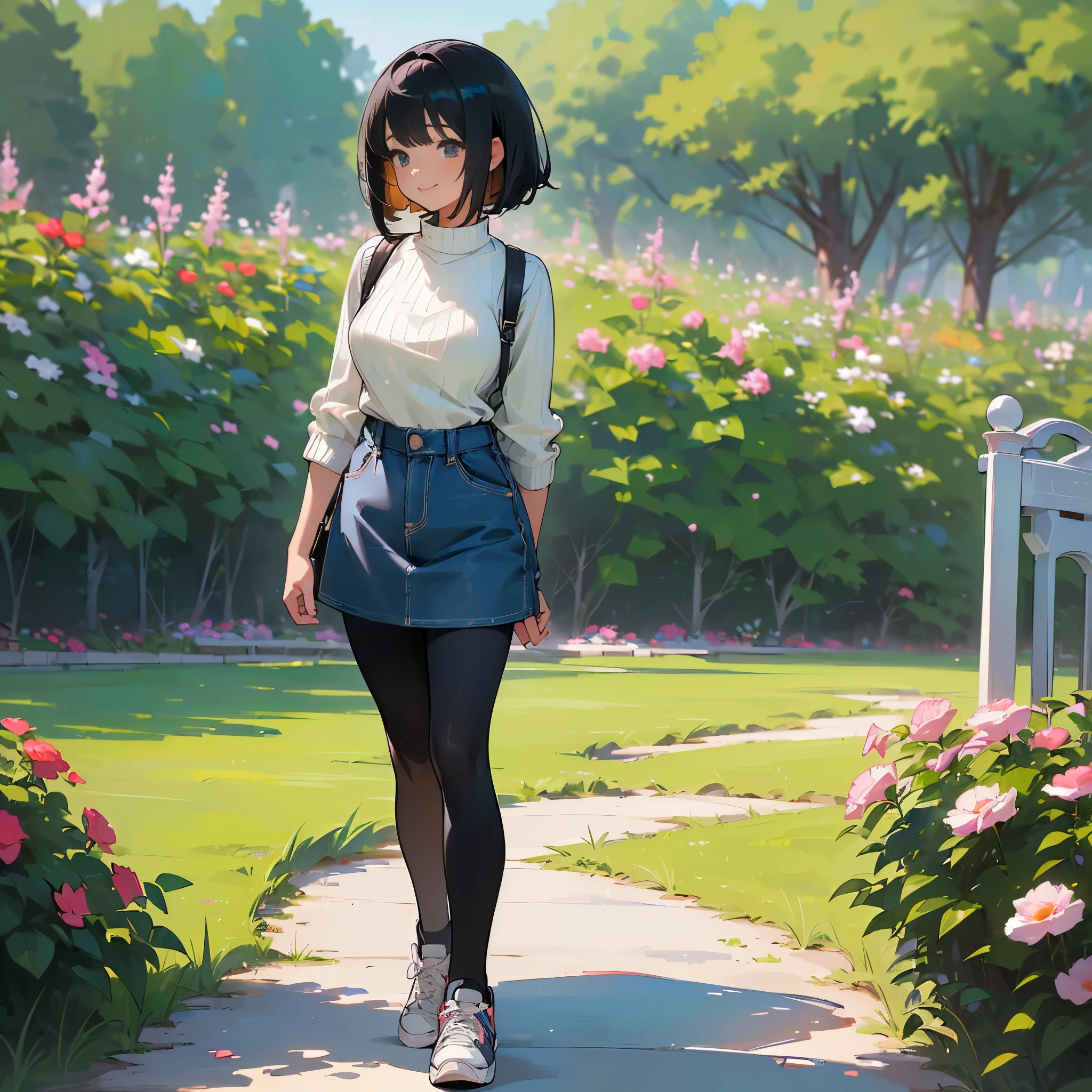 (high quality, High resolution, Super detailed, reality:1.37), peaceful atmosphere, (outdoor, garden), teenage girl standing alone, (my breasts are big.), Beautiful detail features, cute smile, (black bob hair), ribbed sweater, denim mini skirt, black tights, sneakers.