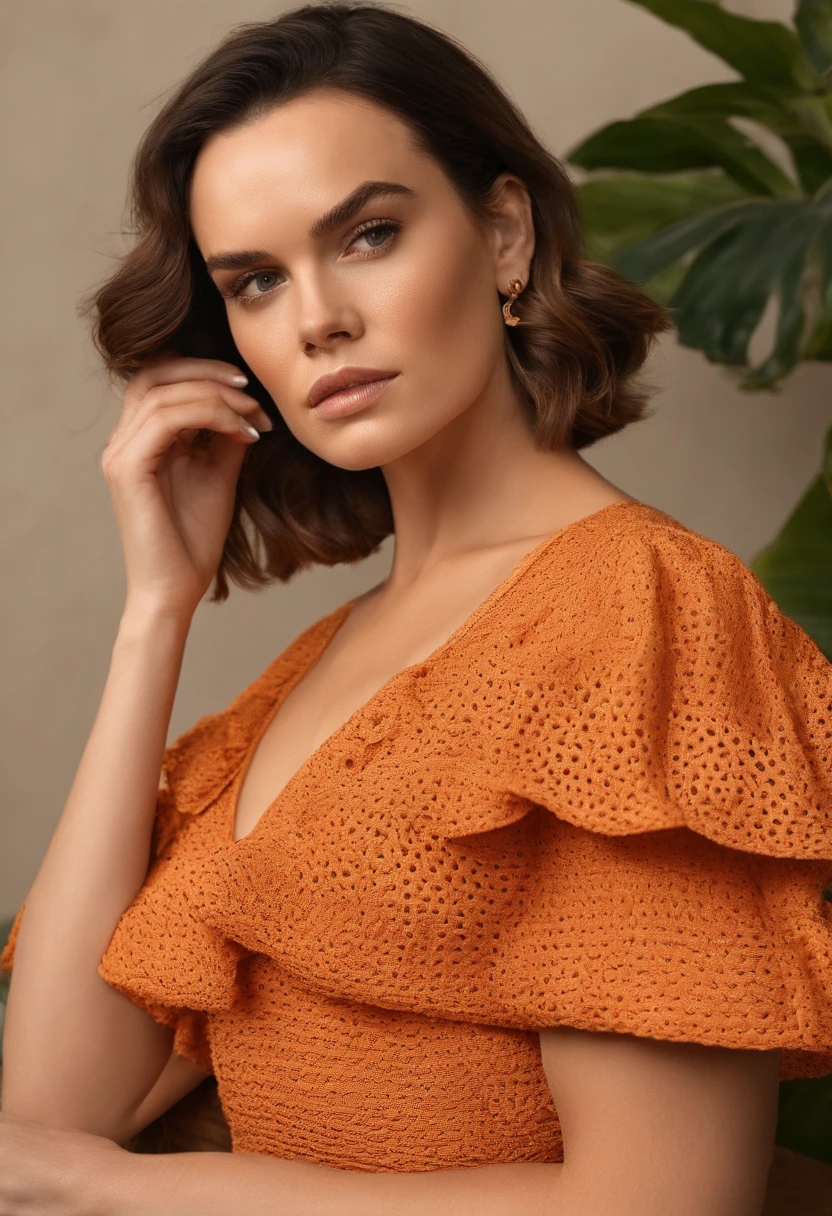 Daisy Ridley com um busto bem maior estufado pra frente, bem volumoso, com blusa e saia na cor laranja combinando posando em uma boate, garota sexy , desfocar o fundo, melhor qualidade, 1 garota, selfie de uma jovem, ahne maquiagem, maquiagem natural, Look directly into the camera, cara com artgram, maquiagem sutil, Impressionante foto de corpo inteiro, no quarto, seios grandes