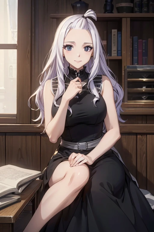 (best quality,4k,8k,highres,masterpiece:1.2),ultra-detailed,realistic,photorealistic:1.37, Mirajane Strauss, with a beautiful smile, wearing a black suit dress 