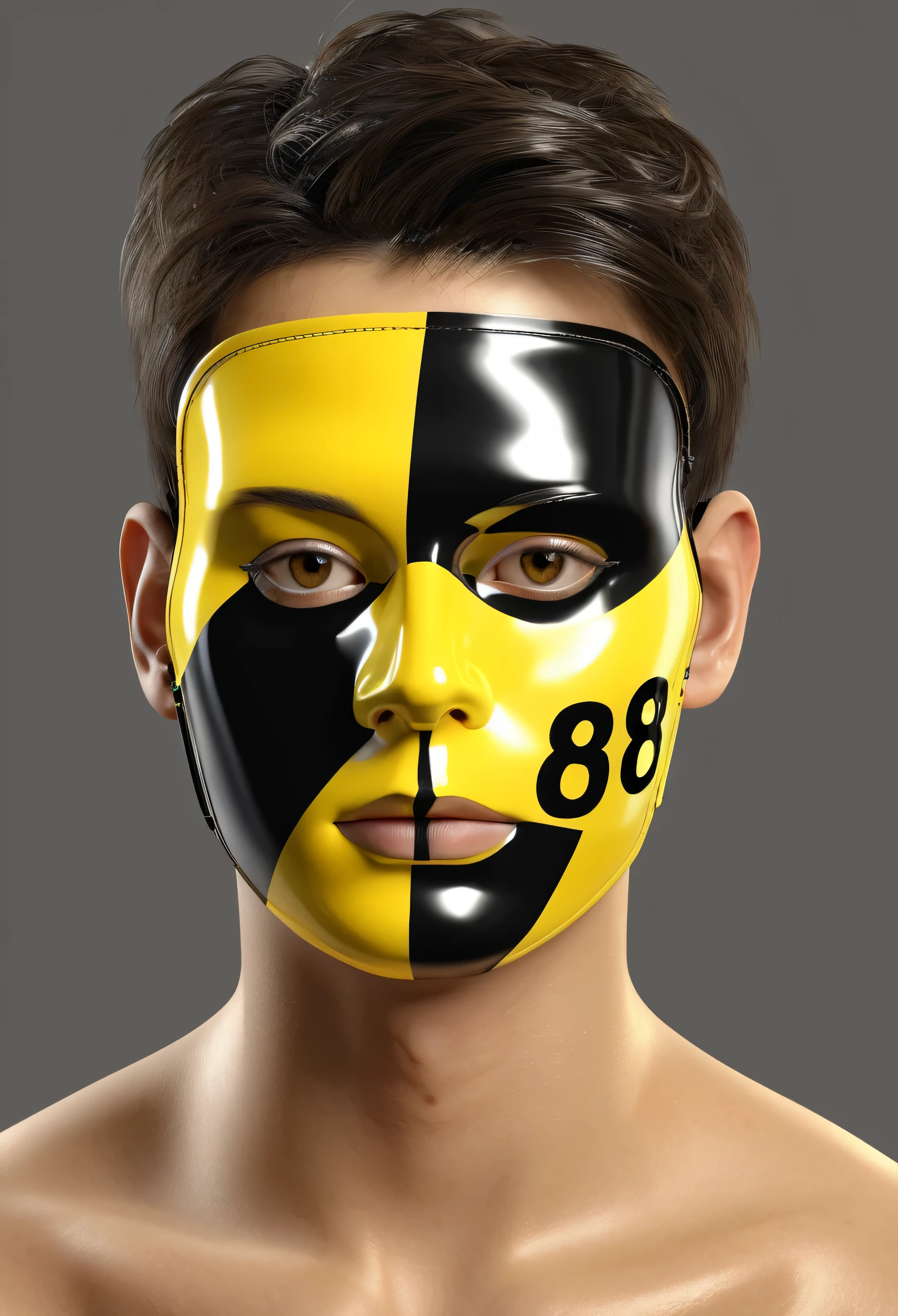 20yo man, attractive face, yellow and black shiny face mask, "3081" brand mask, neck and shoulders portrait, large and small numbers and letters over face, eyes same height, photorealistic best hdr quality