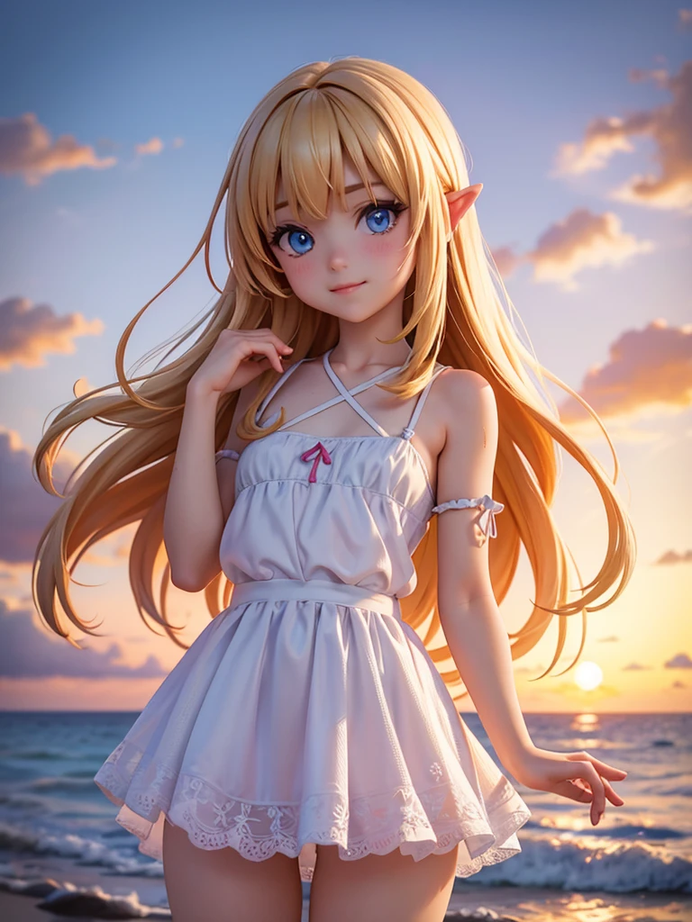 8K、masterpiece、best quality、highest level、Highest image quality、Pianfei、intricate details、High resolution、depth field、Natural light、professional lighting、(1 person)、alone、Anglo-Saxon girl、(Lovely:1.2)、Very beautiful cartoon girl、(High detail skin: 1.2)、Realistic anime girl rendering、Realistic anime 3D style、Blonde hair and details、Cross bangs、Asymmetric bangs、stick out ears、eyelash、deep blue eyes、Intense eye highlights、perfect anatomy、Put your hands behind your back、Very mysterious smile、attractive、The body is wet with water、(( girl))、white dress、Wearing detailed pink lingerie、Lovely bra、Lovely panties、beach、Beach side、The beach where you can watch the sunset at 6pm、sunset red clouds、