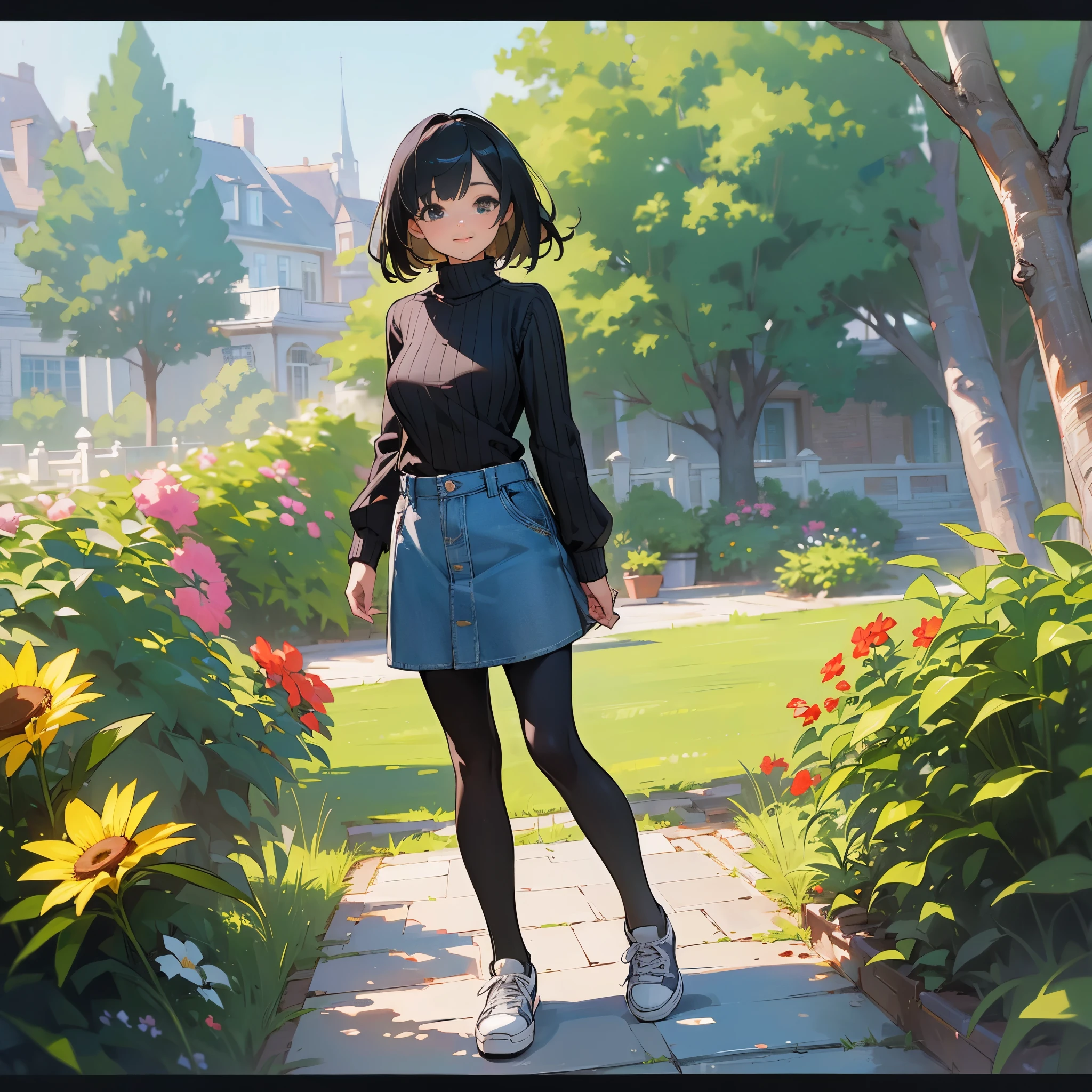 (high quality, High resolution, Super detailed, reality:1.37), peaceful atmosphere, (outdoor, garden), teenage girl standing alone, (my breasts are big.), Beautiful detail features, cute smile, (black bob hair), ribbed sweater, denim mini skirt, black tights, sneakers.