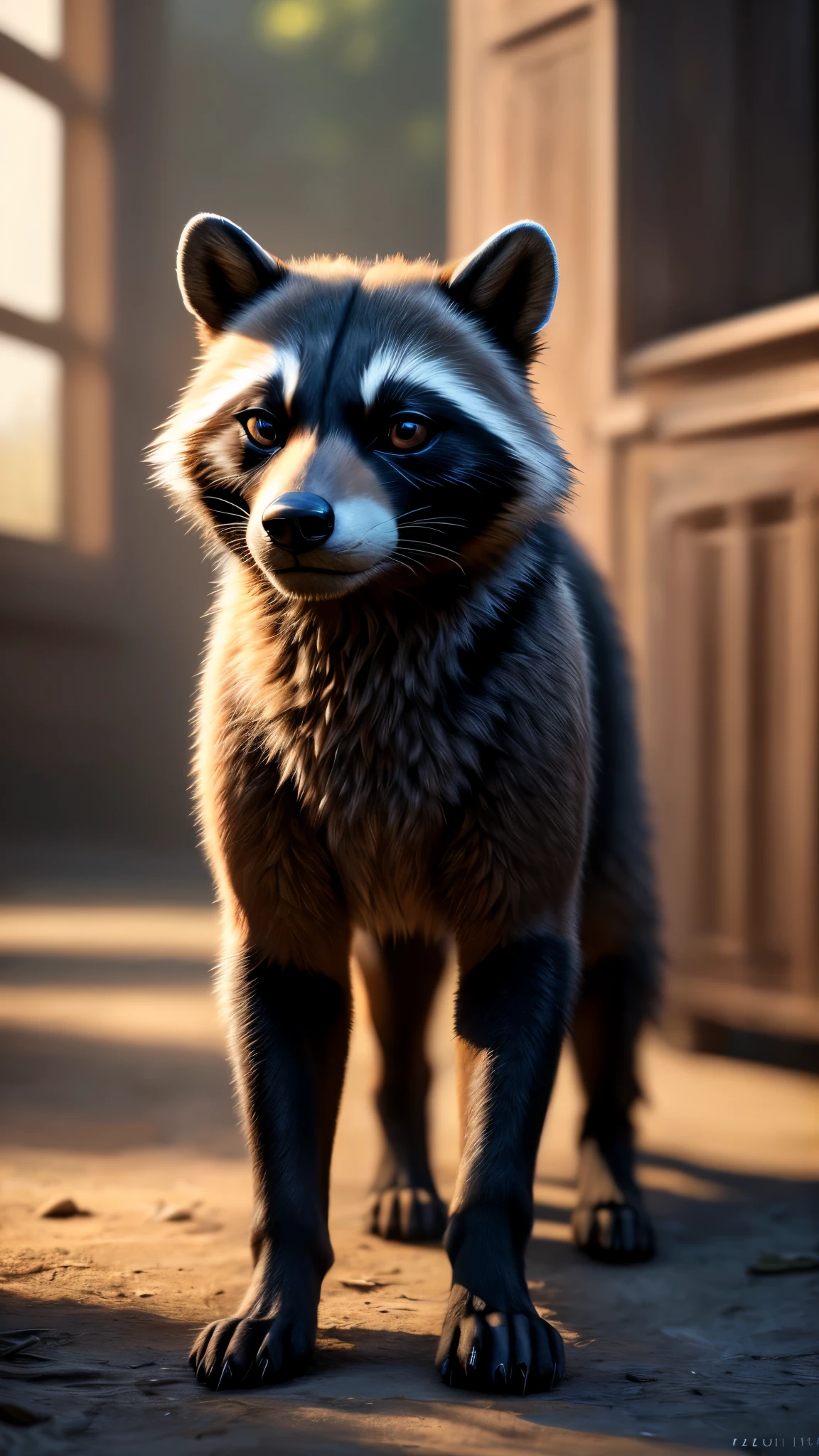 (best quality,4k,8k,highres,masterpiece:1.2),ultra-detailed,(realistic,photorealistic,photo-realistic:1.37) potrait of a female raccoon she is a feral meaning she walks on all fours with no human traits. Sexy, erotic, , slim, nsfw, zoophillia, beastiality, solo