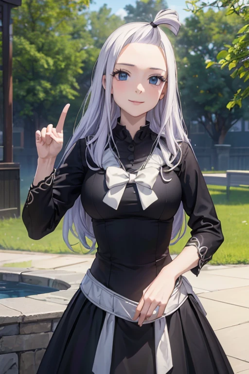 (best quality,4k,8k,highres,masterpiece:1.2),ultra-detailed,realistic,photorealistic:1.37, Mirajane Strauss, with a beautiful smile, wearing a black suit dress