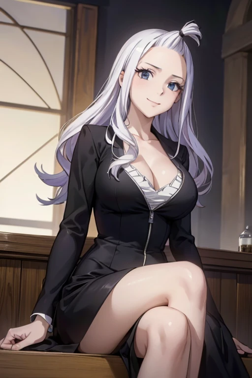 (best quality,4k,8k,highres,masterpiece:1.2),ultra-detailed,realistic,photorealistic:1.37, Mirajane Strauss, with a beautiful smile, wearing a black suit dress 