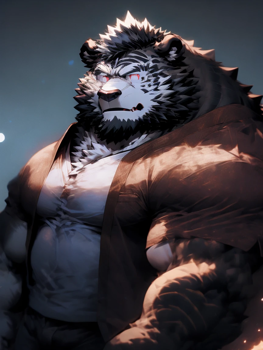 Alone, Detailed, Beastman Bear, Wizard, With Glasses, Red Eyes, Scar on Right Eye, White Fur, Hairy, Fat, Black Beard, Wizard Robe, Bare Pectorals, Particles of Electricity