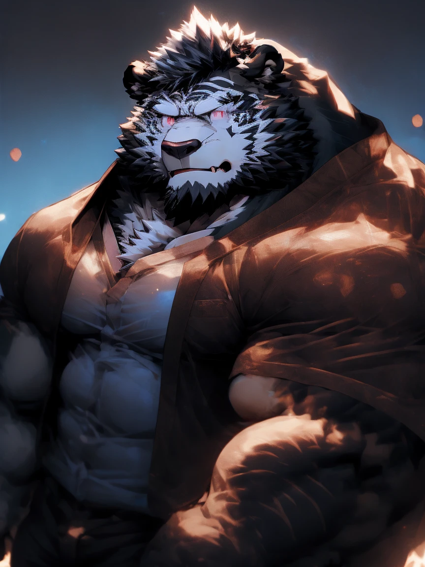 Alone, Detailed, Beastman Bear, Wizard, With Glasses, Red Eyes, Scar on Right Eye, White Fur, Hairy, Fat, Black Beard, Wizard Robe, Bare Pectorals, Particles of Electricity