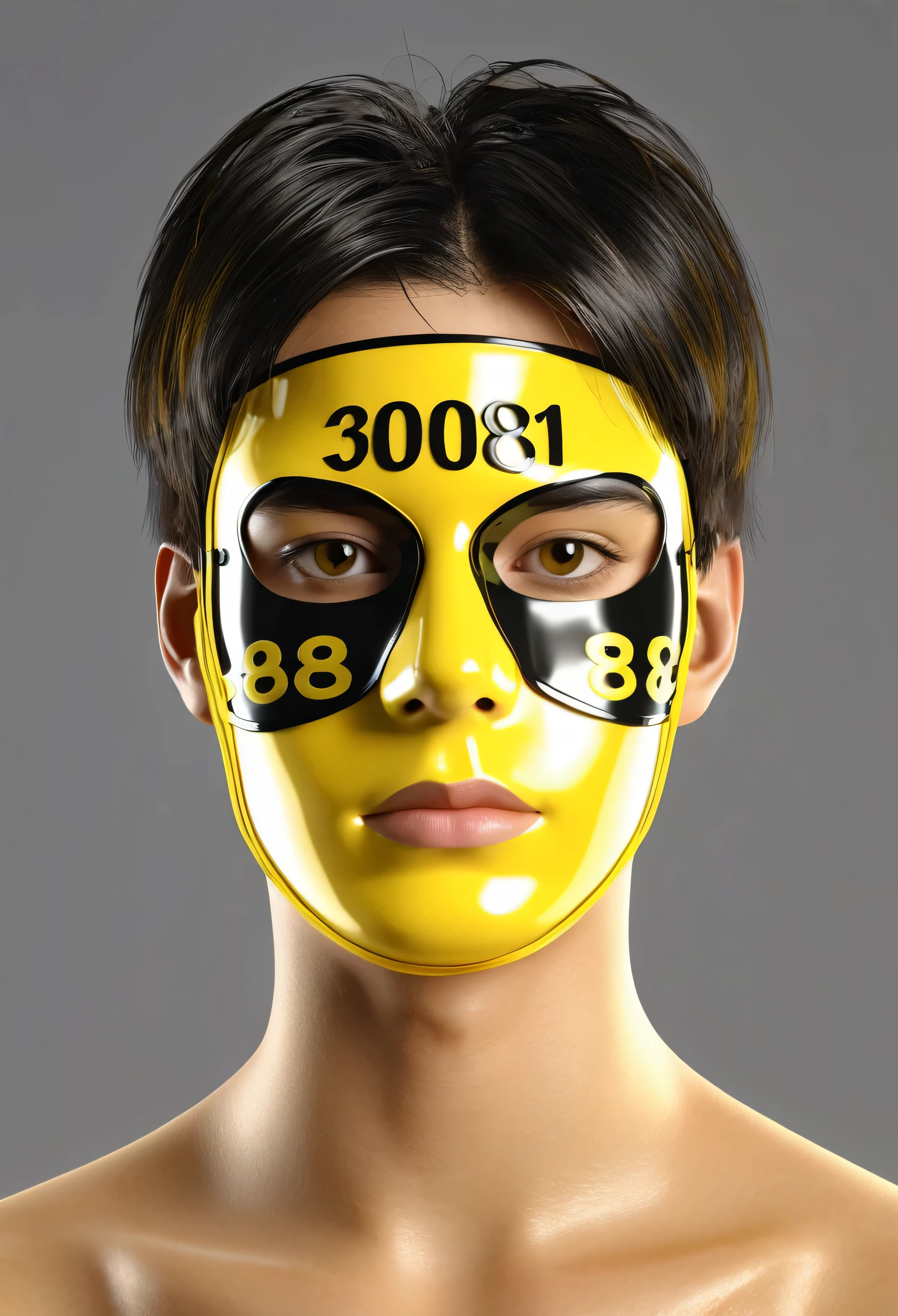 20yo man, attractive face, yellow and black shiny face mask, "3081" brand mask, neck and shoulders portrait, large and small numbers and letters over face, eyes same height, photorealistic best hdr quality