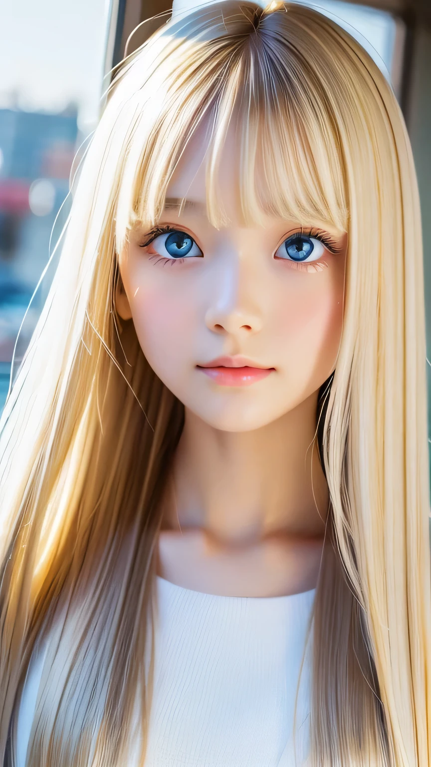 perfect beautiful face、20 year old beautiful cute girl、Sexy and very beautiful cute face、Beautiful cute sexy bright sky blue big eyes、very big bright eyes、very super long beautiful shiny silky straight pearl blonde hair、Super long beautiful bangs、white skin、Shiny skin、gross face、cheek gloss、hair above eyes、片hair above eyes、hair between eyes、