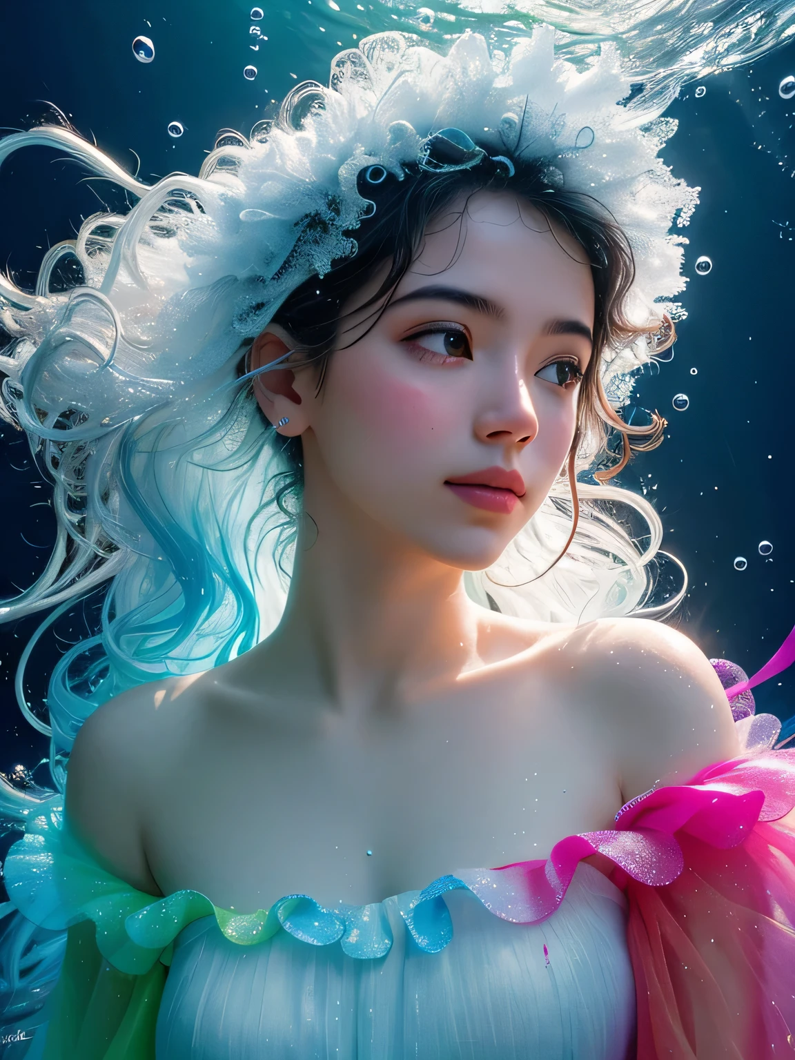 um retrato de uma mulher submersa, com correntes de tinta vermelha e preta rodopiando em torno delas, reminiscent of underwater smoke. O jogo de luz cria um contraste gritante, highlighting the serene expression on the face amidst the chaos of colors, com bolhas espalhadas pela vista, suggesting a silent explosion in slow motion. Light refracts through water, adding depth and a dreamlike quality to the scene, focusing on the interaction between the dyed tendrils and the illuminated bubbles., Precipitate girl, pose sexy
