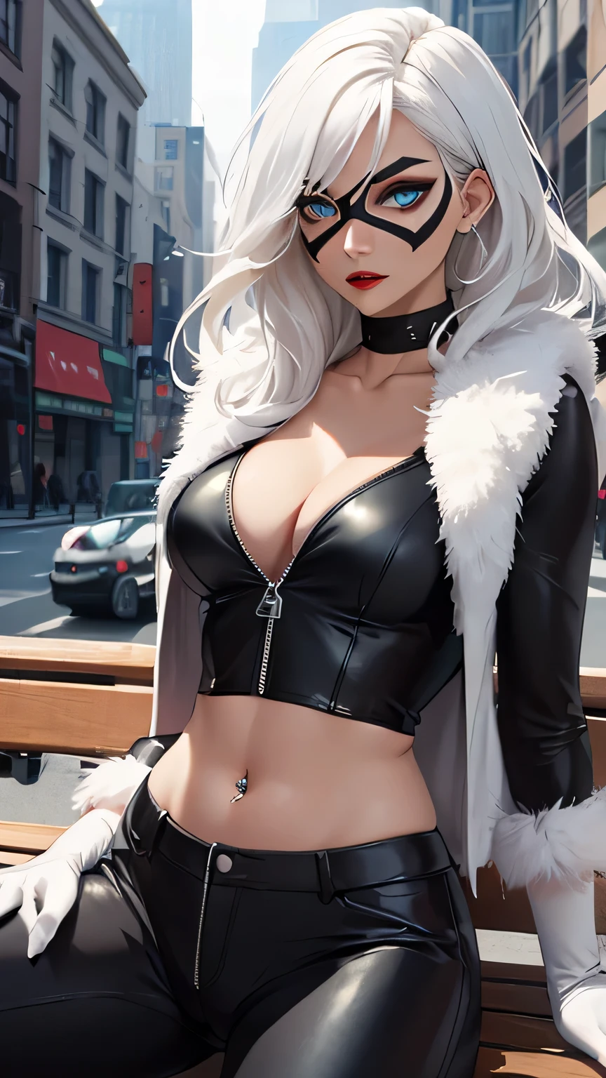 (Highly quality, masterpiece, detailed), city detailed scenario, city detailed background, solo, long hair, white hair, lipstick, blue eyes, makeup, collarbone, red lips, claws, mask, domino mask, white gloves, superhero, black cropped top, black pants, Sleeves, fur trim, cleavage, skin tight, zipper, unzipped, center opening, belly button piercing, bite her lips, beautiful eyes, sitting on a bench, Sexy pose