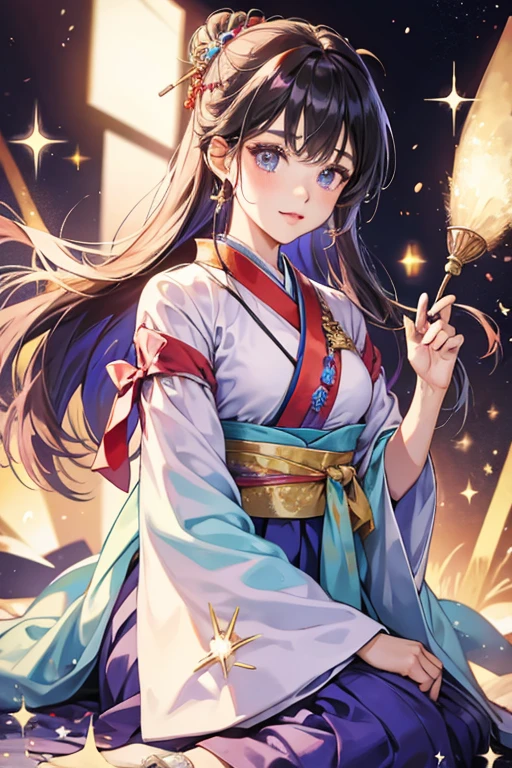 She wears a hanbok ; SPARKLE; GLITTER