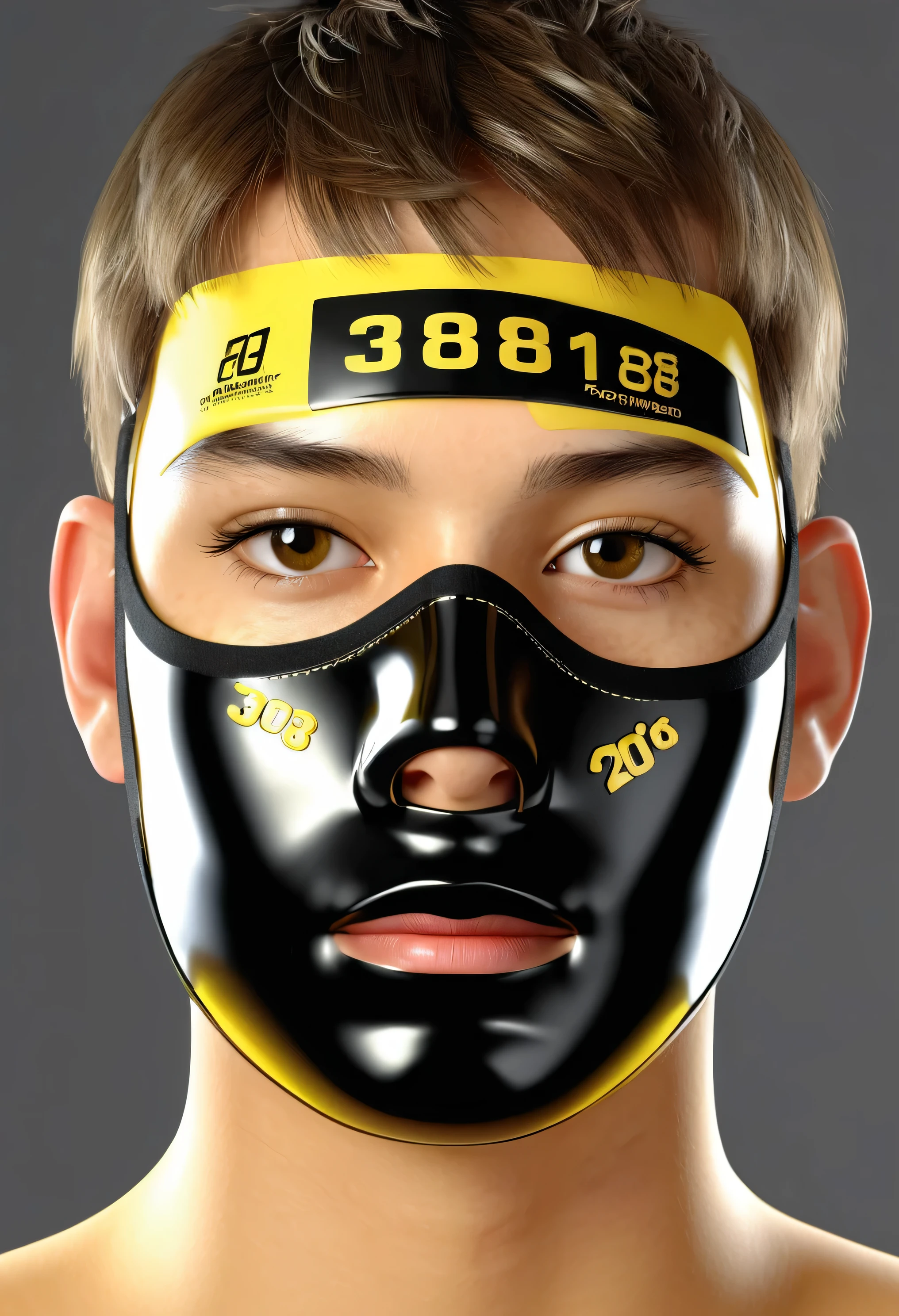 20yo man, attractive face, yellow and black shiny face mask, "3081" brand mask, neck and shoulders portrait, large and small numbers and letters over face, eyes same height, photorealistic best hdr quality