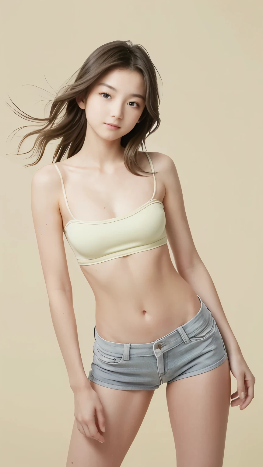 masterpiece,highest quality,1 girl,delicined face, 前hair, just_arm, just_shoulder, green_eye,((A very narrow waist:1.48))、(big breasts:1.48)、(************:1.48)、(beautiful clavicle:1.48), cowboy_shot, crop_superior, High leg, High leg_panties, length_hair, looking for_in_peeping in the viewer, belly button, panties, realistic, short_shorts, shorts,  一人in, Are standing, underwear,