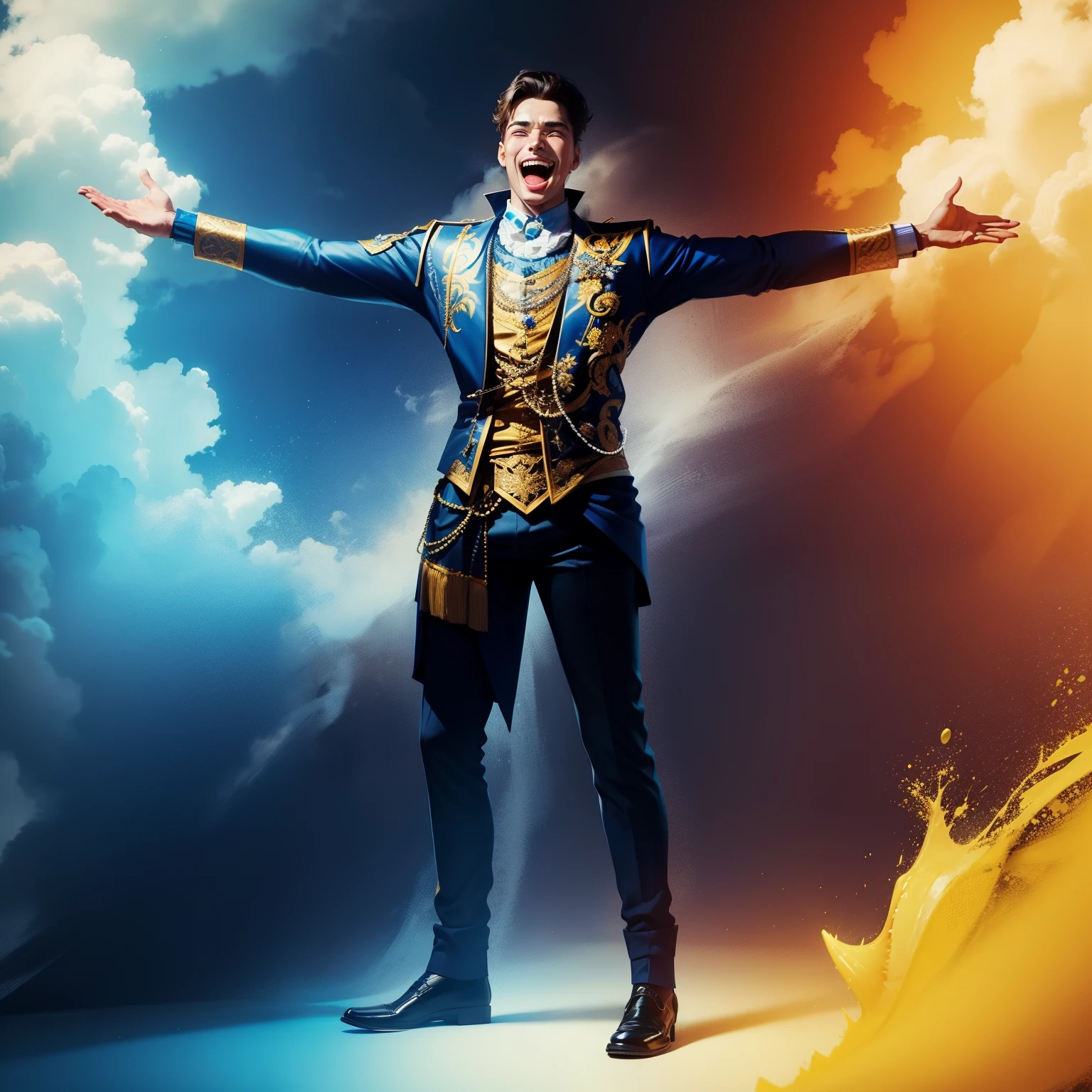 open mouth sticking out tongue cheerful very cheerful face don't change the details don't change the colors of the clothes don't change the colors of the details keep the eight to blue and gold suit