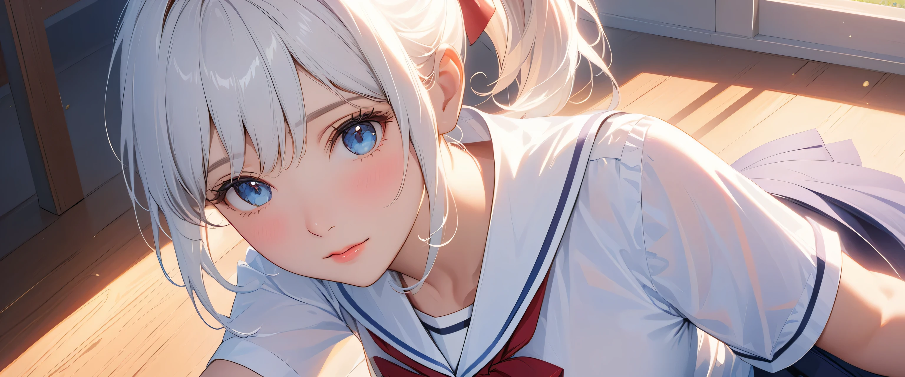 masterpiece, top quality, Super details, 8K, Detail lights, Detailed shadows, raw, (delicate skin), (real: 1.2),, 1 girl, white hair,side ponytail, short sleeve school uniform,Eye close-up,in the school,flat chest,