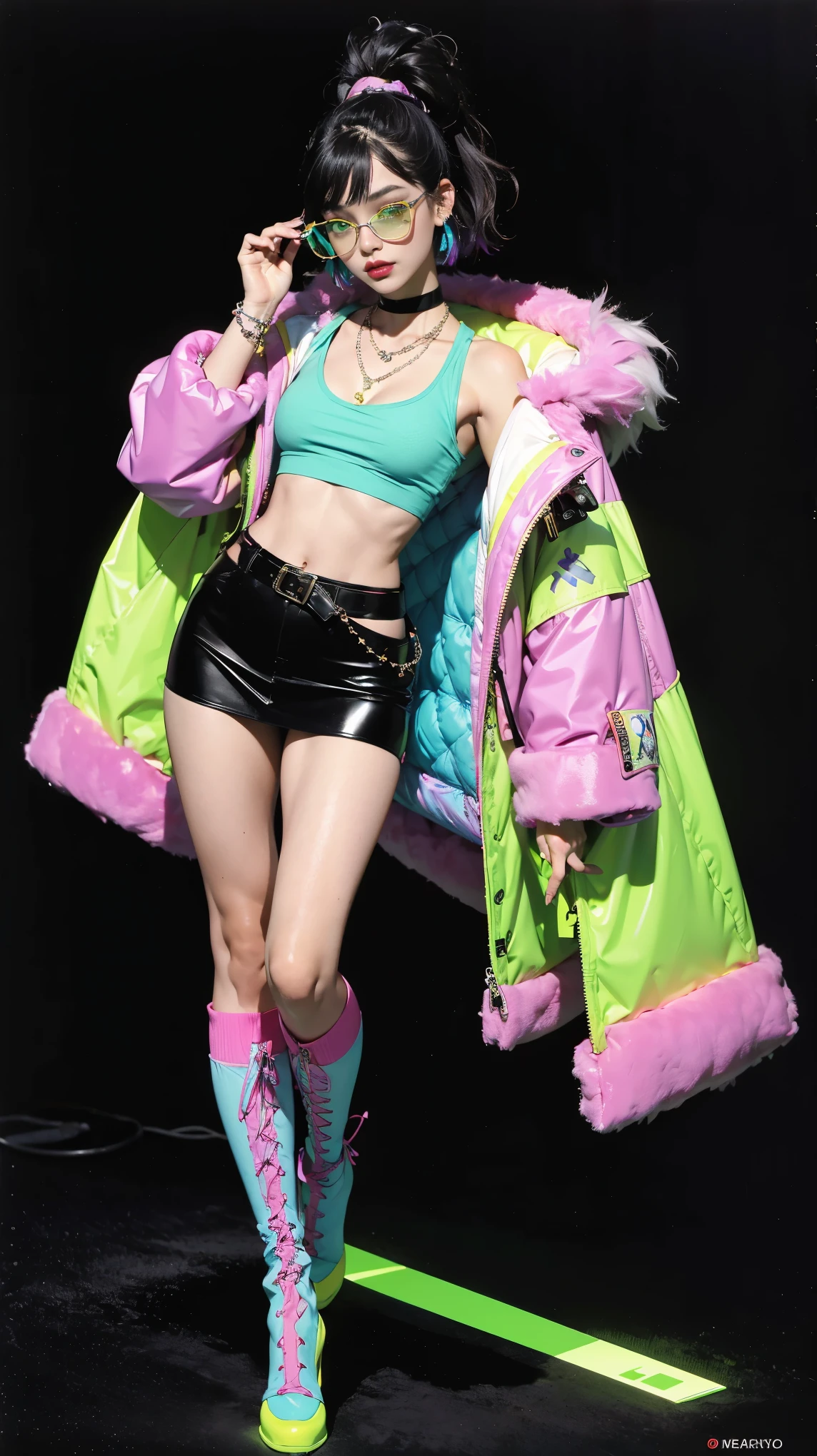 ((best quality,4k,highres,masterpiece:1.2)),((character concept art)), 1 female, age 23. Known for her love of high-end fashion and vibrant nightlife, Lily embodies the role of a modern, young, and affluent Asian-American girl. Her body language is as outgoing and confident as her personality, always exuding a vibrant energy. She's wearing a neon-colored, mesh crop top that glows under black light, paired with a matching micro-skirt or shorts. This is paired with stockings or thigh-high boots with neon or LED details, adding a futuristic touch to the outfit. Her look is enhanced with a chunky, neon-colored choker and matching bracelets, both glowing under black light. She also wears multiple glow stick bracelets and necklaces, adding a playful touch and serving as handy light sources. A pair of oversized, reflective or diffraction glasses protect her eyes from light shows and add a cool visual effect. For warmth, she wears a faux fur jacket or vest, ideally in a bright or neon color to match the rest of the outfit. She carries her essentials in a small, holographic backpack or fanny pack, adding a shiny, eye-catching element to the outfit. With multiple ear piercings and visible tattoos, she carries her ensemble with an air of unapologetic confidence. ((intricate detail)), super finely detailed hands, ultra finely detailed fingers((ten fingers)), (standing confidently), (full body showcase), (show full body), (no logos on background), (no logo), ((plain background)), ((plain background)), (((empty background))).