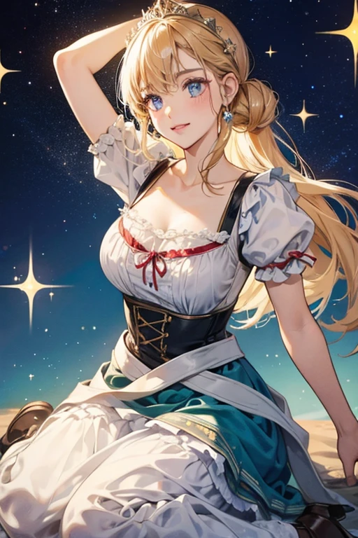 (Masterpiece, Best quality:1.2), Cowboy shot, Solo, 1girll, sheryl nome, Smile, Closed mouth, view the viewer, Strapless dress, Corset, Layered skirt, upper legs, Bare shoulders, cosmic space, Star (sky)