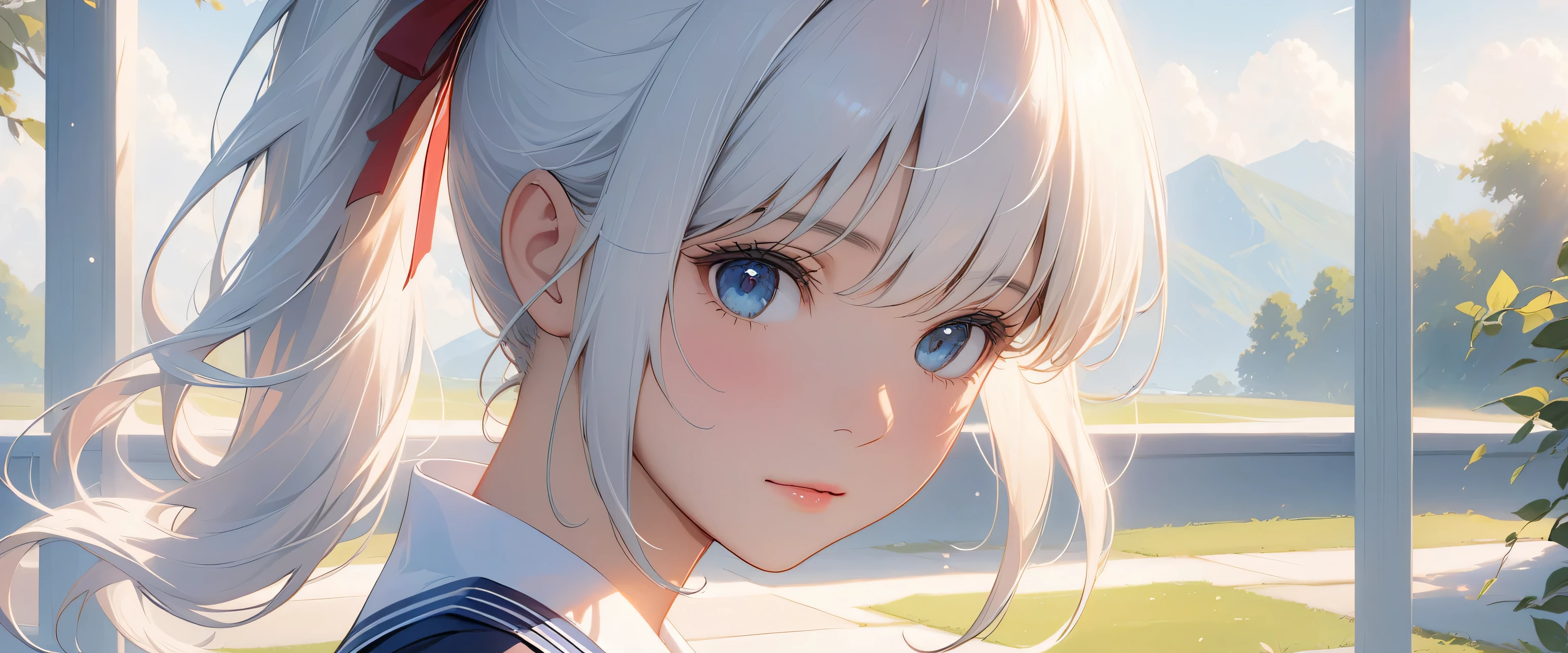 masterpiece, top quality, Super details, 8K, Detail lights, Detailed shadows, raw, (delicate skin), (real: 1.2),, 1 girl, white hair,side ponytail, short sleeve school uniform,Eye close-up,in the school,flat chest,