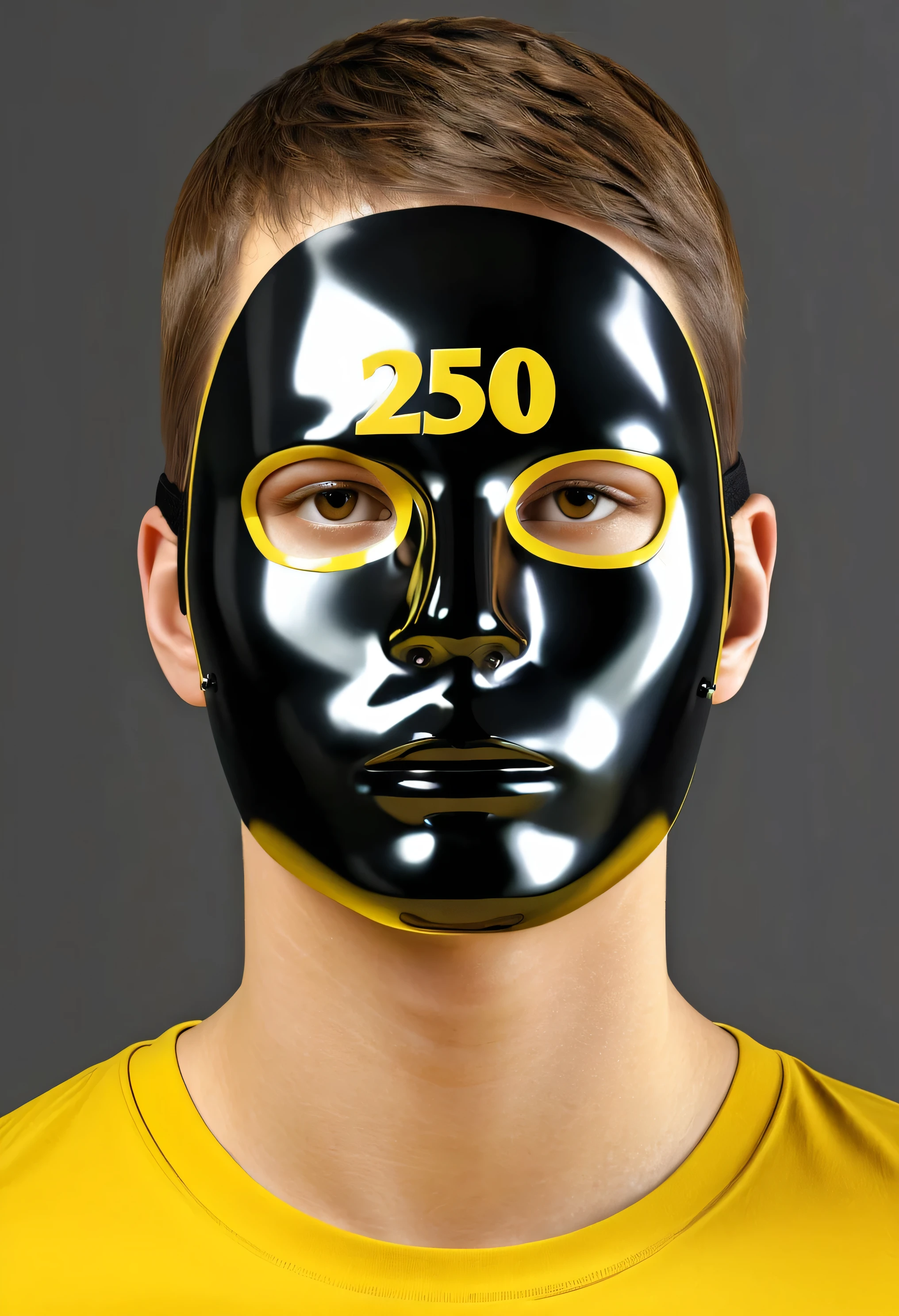 20yo man, beautiful face, face covered by yellow and black shiny mask, "2501" brand mask, complete head portrait, numbers and text over face, level eyes, photorealistic best hdr quality