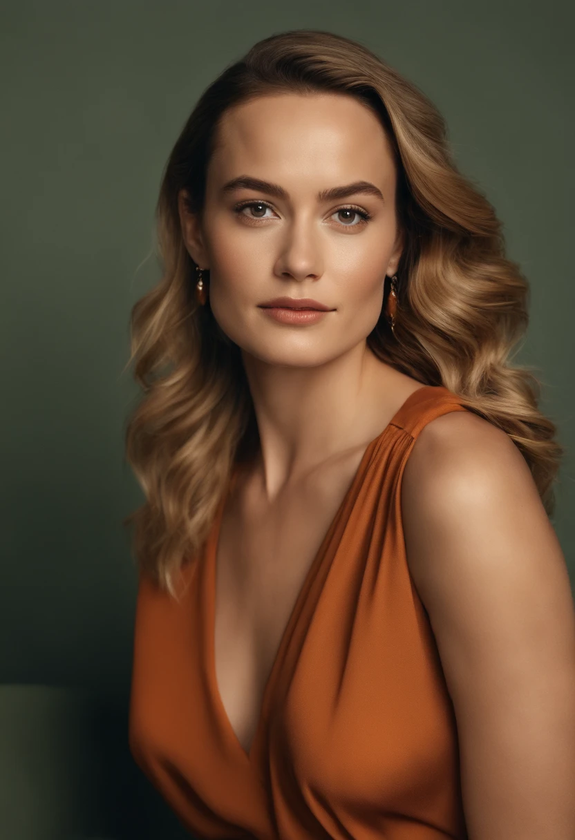 Brie larson com um busto  gigante bem maior estufado pra frente, bem volumoso, com blusa e saia na cor laranja combinando posando em uma boate, garota sexy , desfocar o fundo, melhor qualidade, 1 garota, selfie de uma jovem, ahne maquiagem, maquiagem natural, Look directly into the camera, cara com artgram, maquiagem sutil, Impressionante foto de corpo inteiro, no quarto, seios grandes