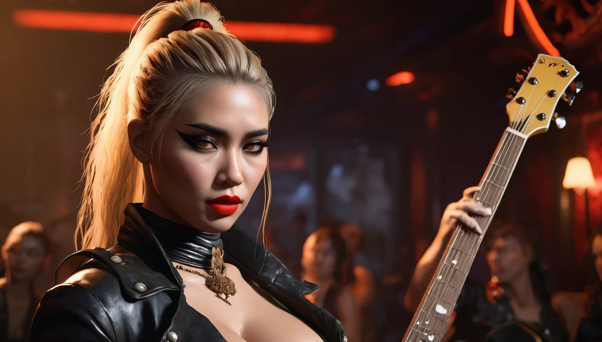 Mad Max Woman, photographrealistic, Postapocalypse、guitar, huge breasts、Young woman、((playing guitar on stage with her band)), Lots of skin In a dim but not to dark in some areas yet well-lit bar-club in others, featuring a captivating Asian woman. Her striking appearance blonde hair pulled back into a single, elegant ponytail. Dark black eye makeup and red lips, The woman's outfit is a mesmerizing blend of exotic black and red, reminiscent of a villainess from a dark fantasy world. a substantial bust left exposed and accented by a choker-style sub-collar. This lighting, characterized by alternating shades of diffuse whites and yellows, casts an eerie yet enchanting glow upon her, making her the undeniable focal point of this Unreal Engine 5-powered fantasy scene.