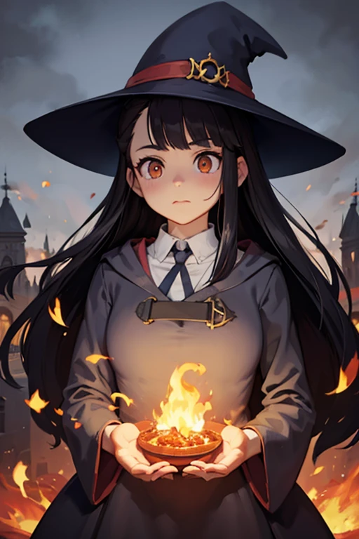 A black haired female witch with orange eyes in a conservative Victorian dress is playing with fire at night