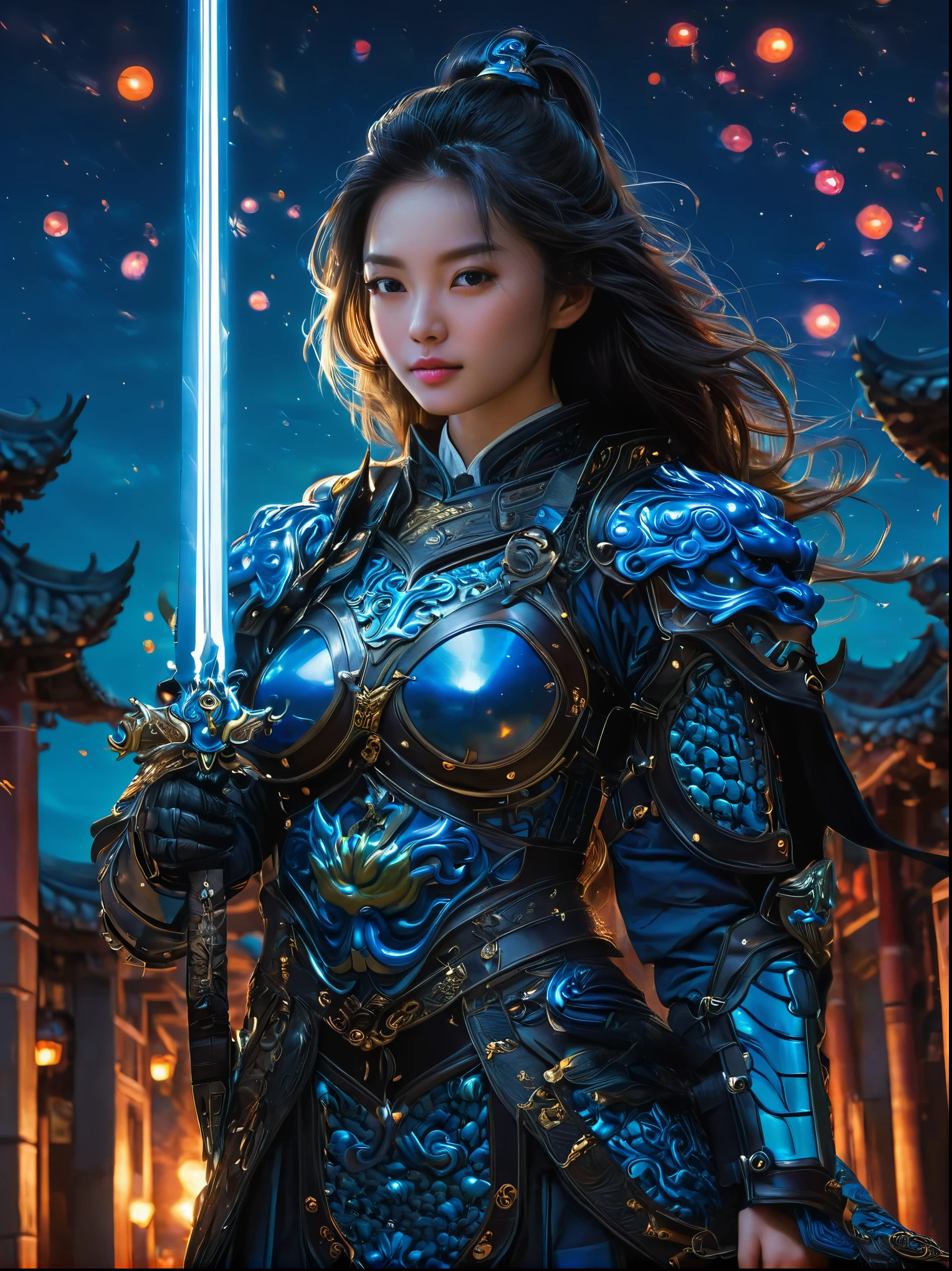 masterpiece,Realistic,Deep color,blue tint,Surrealism, Star光环, In the bright embrace of the moonlight serenade,(Black Chinese armor),gentle beautiful girl,(The girl holds a sword in her hand),Women's Armor,solo,pauldron,helmet,Chinese city background,blue sky,detailed眼睛,looking at the audience,Smile,Upper body,masterpiece,best quality,perfect eyes,perfect face,perfect lighting, 8K,Compared,Tone,texture, detailed, Star, Colorful halo, Vibrant energy, expressive, dramatic, organic lines and forms, dreamy and mysterious, Surrealism,portrait shooting,complex,meticulous,sharp,clear,Better image quality,Rough brushstrokes,high dynamic range,vivid,Rich in details,阴影和高光clear,reality,vehement,Compared度增强,Rich in details,Chinese_armor,anatomically correct, textured skin