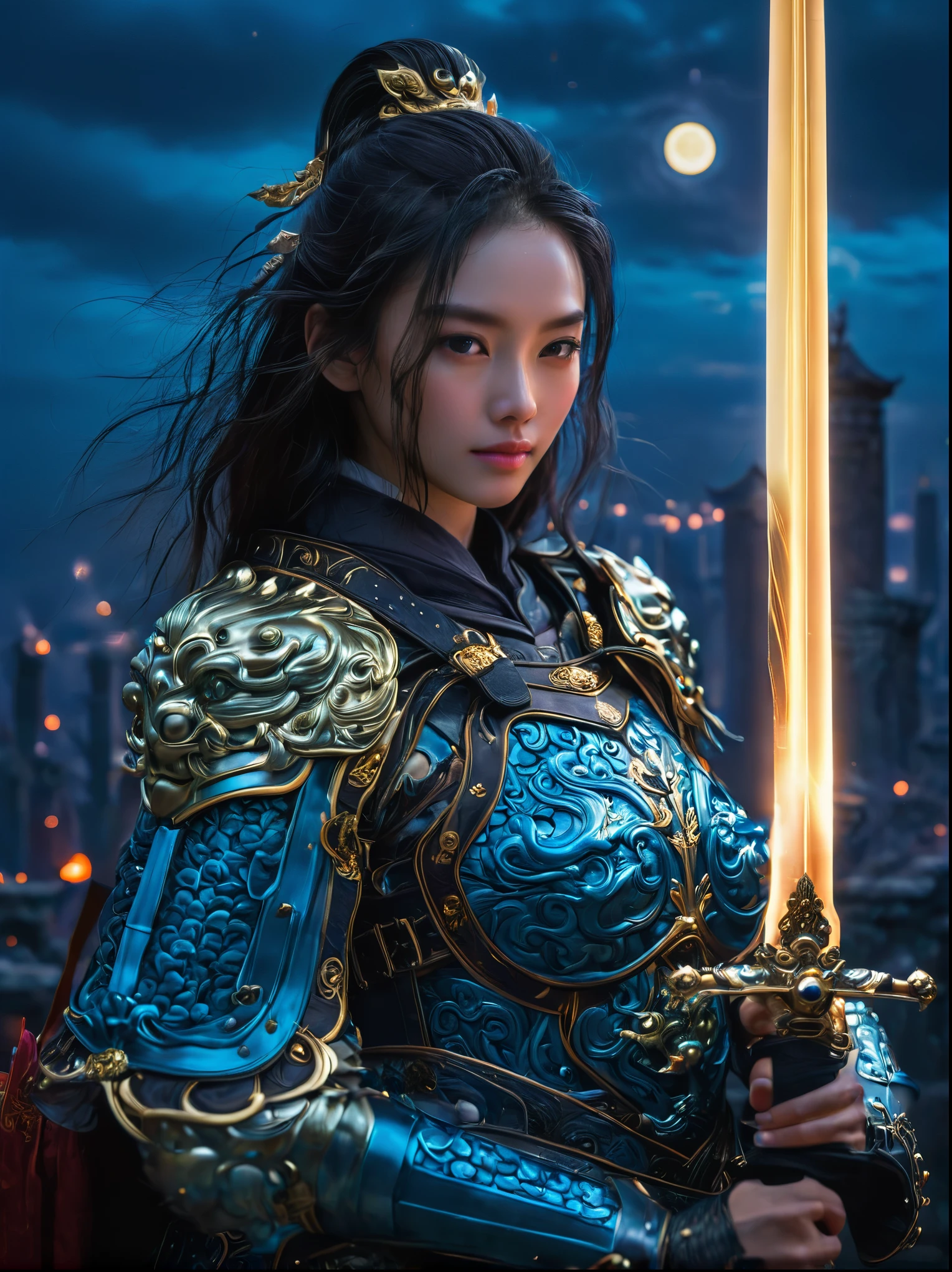 masterpiece，Realistic，Deep color，blue tint，Surrealism, Star光环, In the bright embrace of the moonlight serenade，(Black Chinese armor)，gentle beautiful girl，(The girl holds a sword in her hand)，Women&#39;s Armor，solo，pauldron，helmet，Chinese city background，blue sky，detailed眼睛，looking at the audience，Smile，Upper body，masterpiece，best quality，perfect eyes，perfect face，perfect lighting， 8K，Compared，Tone，texture, detailed, Star, Colorful halo, Vibrant energy, expressive, dramatic, organic lines and forms, dreamy and mysterious, Surrealism，portrait shooting，complex，meticulous，sharp，clear，Better image quality，Rough brushstrokes，high dynamic range，vivid，Rich in details，阴影和高光clear，reality，vehement，Compared度增强，Rich in details，Chinese_armor，anatomically correct, textured skin