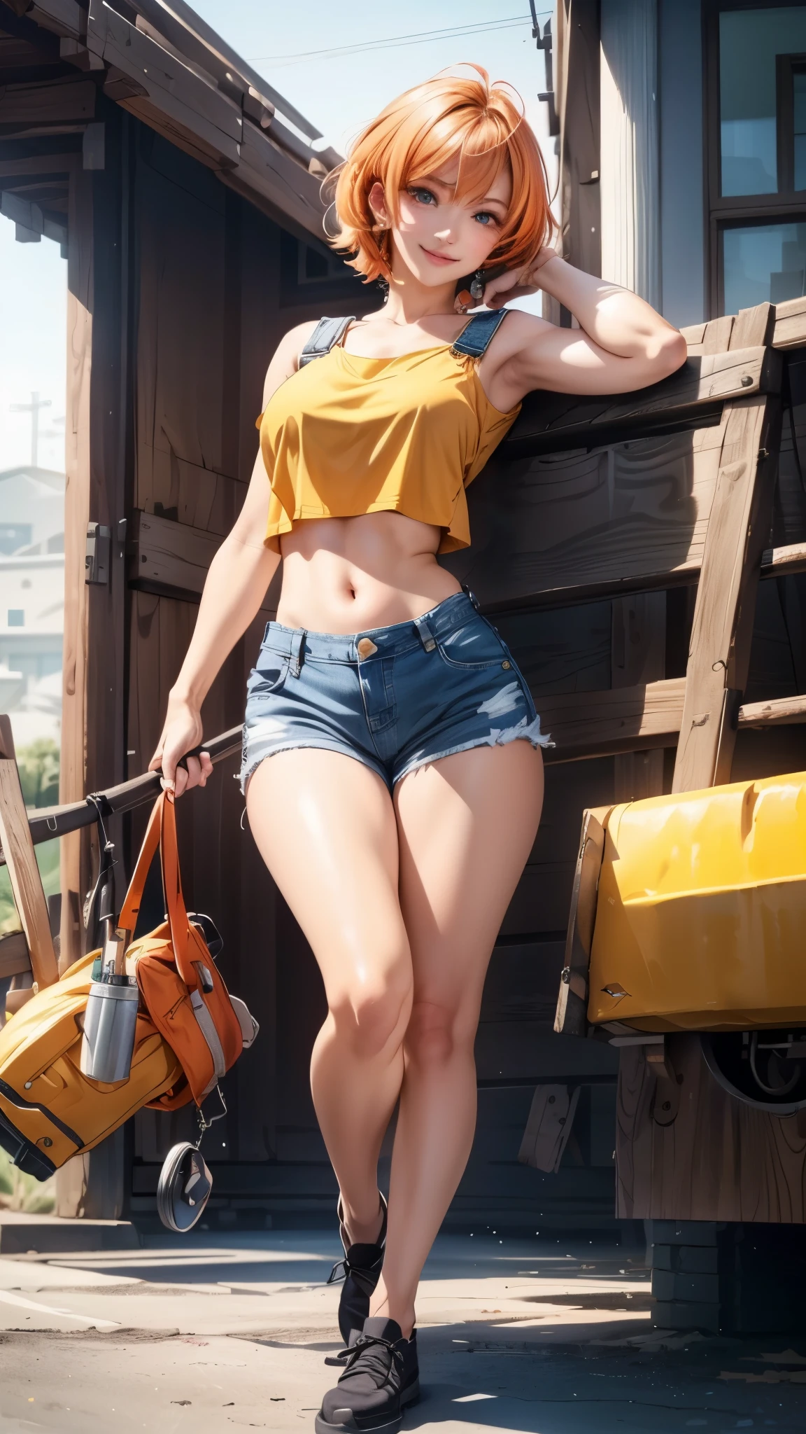 (3d anime woman with perfect anime eyes), (photo realistic:1.4), (Subsurface Scattering effect on skin:1.2), (bloom shader effect:1.2), (side shot, low angle shot), (long stylized thick legs:1), (natural breasts:1.1), (gorgeous thick hips:1.1), (tanned skin:1.3), (26 years old woman construction worker, seductive smile, seductive gaze), (orange straight short hair), ((wearing denim_overall, crop top)), (toolkit in the scene), accurate, UHD, retina, masterpiece, anatomically correct, textured skin, ultra high detail, ultra high quality, award winning piece of art, ultra high resolution, better_hands, better_legs, perfect_hands, perfect_hands, better_eyes, beautiful_anime_eyes.