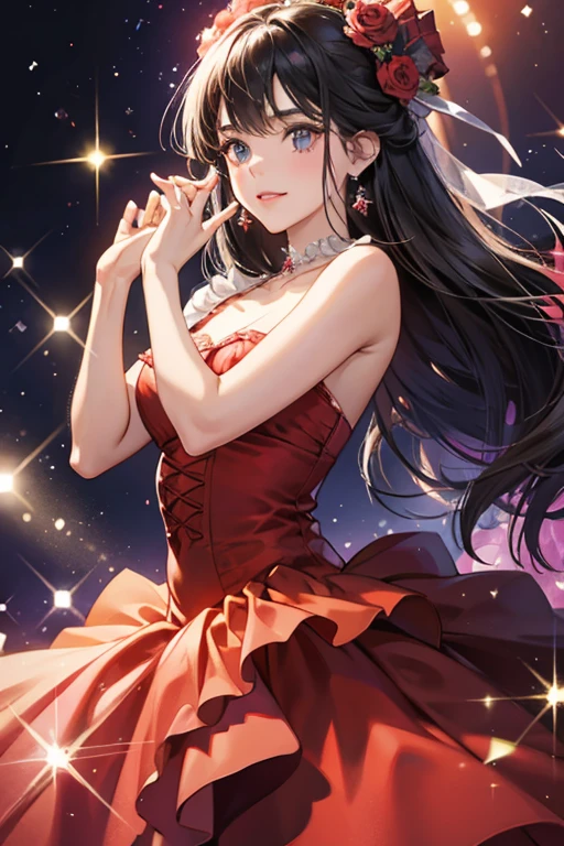 She wears a flamenco dress ; SPARKLE; GLITTER