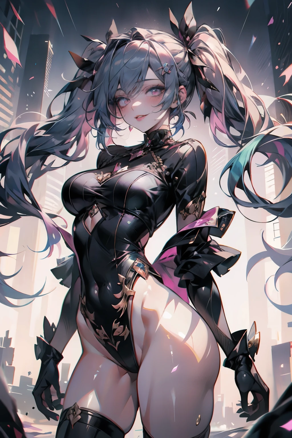 (Best quality, 8K, Masterpiece:1.3, 1 girl, solo, Beautiful girl), cute, Dynamism, Detailed face, Detailed skin, detailed clothes, Detailed eyes, Detailed lips, Detailed tongue, Detailed fingers, Detailed mouth, Photorealistic, Raw photo, highres, hight resolution, Natural lighting, dynamic pose, perfect anatomy, toned legs, double eyelids, tear bags, round eyes, moist lips, sweaty, ecstatic face, (rainbow hair:1.5, gradation hair), long twintails, hair ornament, city, edge of skyscraper, cowboy shot, sharp pupil, pink heart pupil, ta, ribbon, half closed eyes, cherry blossom, grabbing crotch, smile, masturbation