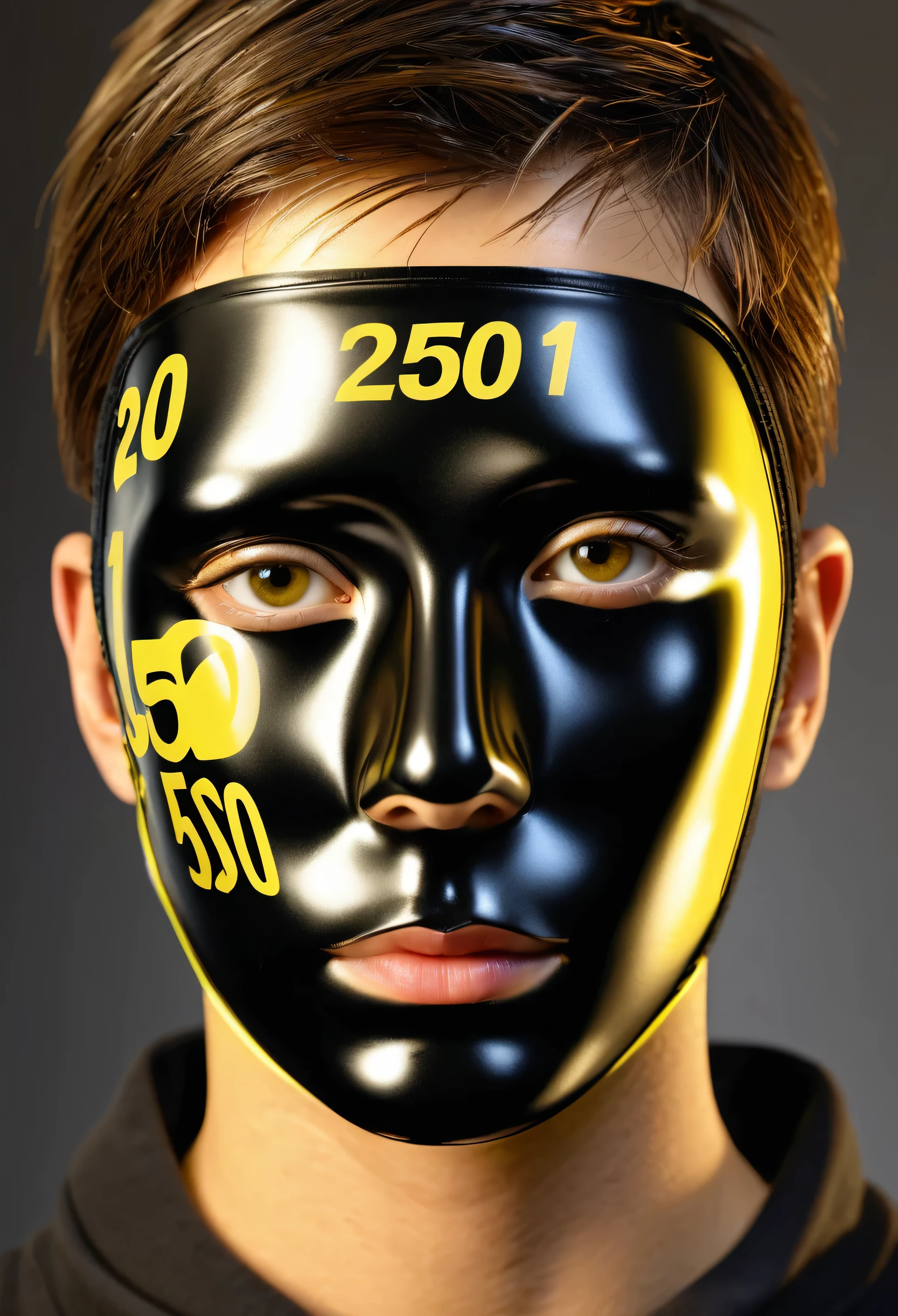 20yo man, beautiful face, face covered by yellow and black shiny mask, "2501" brand mask, complete head portrait, numbers and text over face, level eyes, photorealistic best hdr quality