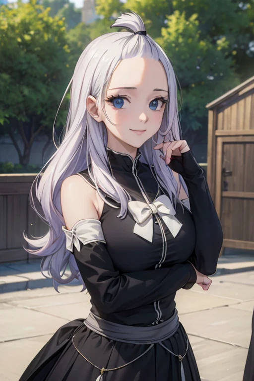 (best quality,4k,8k,highres,masterpiece:1.2),ultra-detailed,realistic,photorealistic:1.37, Mirajane Strauss, with a beautiful smile, wearing a black suit and a long black skirt 