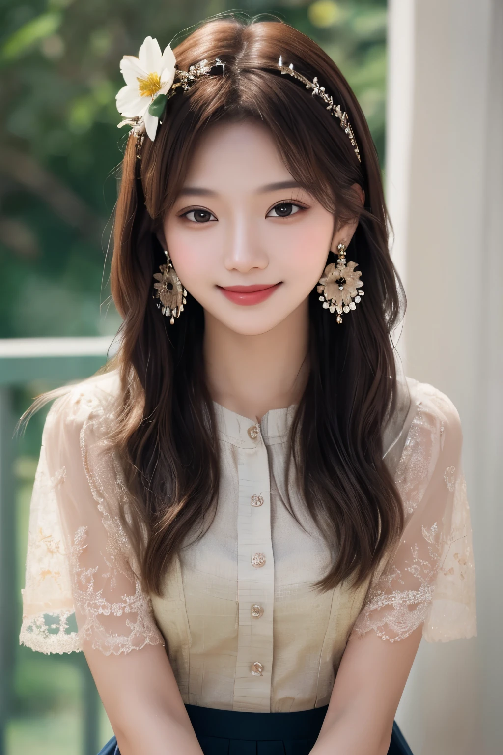 girl cujoami, 1 girl, (Smile), Photography Art, blurred background, brown eyes, brown hair, earrings, flower, hair flower, hair accessories, jewelry, lips, cosmetic, skirt, alone, Stunning photos of beautiful saturation, ultra high resolution,(actual:1.4)),深shadow,(best quality, masterpiece), pale skin, dim, shadow, flustered, blush, Very detailed, ((Upper body:0.8)), skinny, BREAK depth of field, film grain, wrinkled skin, looking at the audience, knee, warm Smile, (masterpiece,best quality:1.5) masterpiece,ultra actual,32k,Extremely detailed CG unified 8k wallpaper, best quality, (Upper body:1.2)