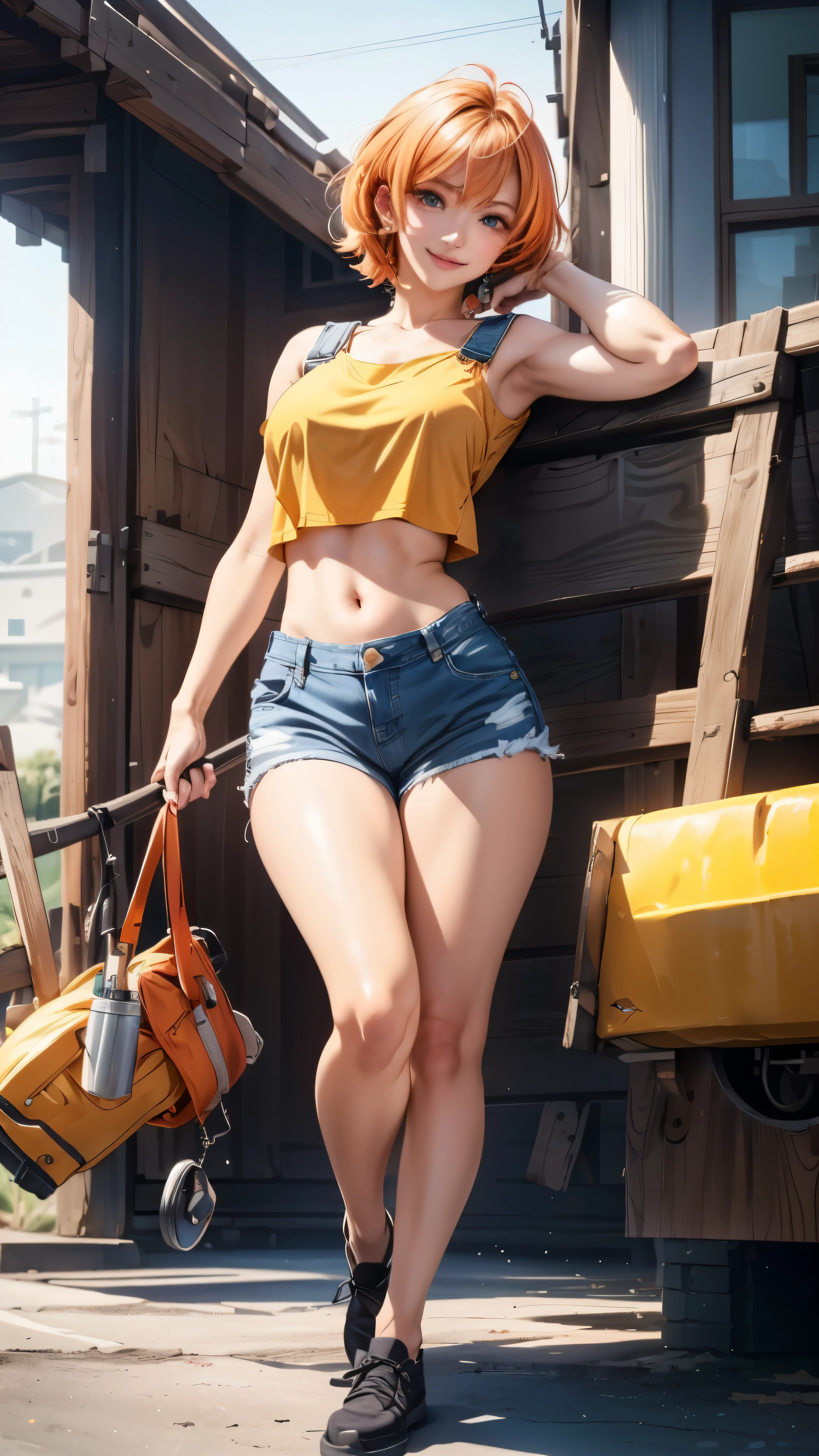 (3d anime woman with perfect anime eyes), (photo realistic:1.4), (Subsurface Scattering effect on skin:1.2), (bloom shader effect:1.2), (side shot, low angle shot), (long stylized thick legs:1), (natural breasts:1.1), (gorgeous thick hips:1.1), (tanned skin:1.3), (26 years old woman construction worker, seductive smile, seductive gaze), (orange straight short hair), ((wearing denim_overall, crop top)), (toolkit in the scene), accurate, UHD, retina, masterpiece, anatomically correct, textured skin, ultra high detail, ultra high quality, award winning piece of art, ultra high resolution, better_hands, better_legs, perfect_hands, perfect_hands, better_eyes, beautiful_anime_eyes.