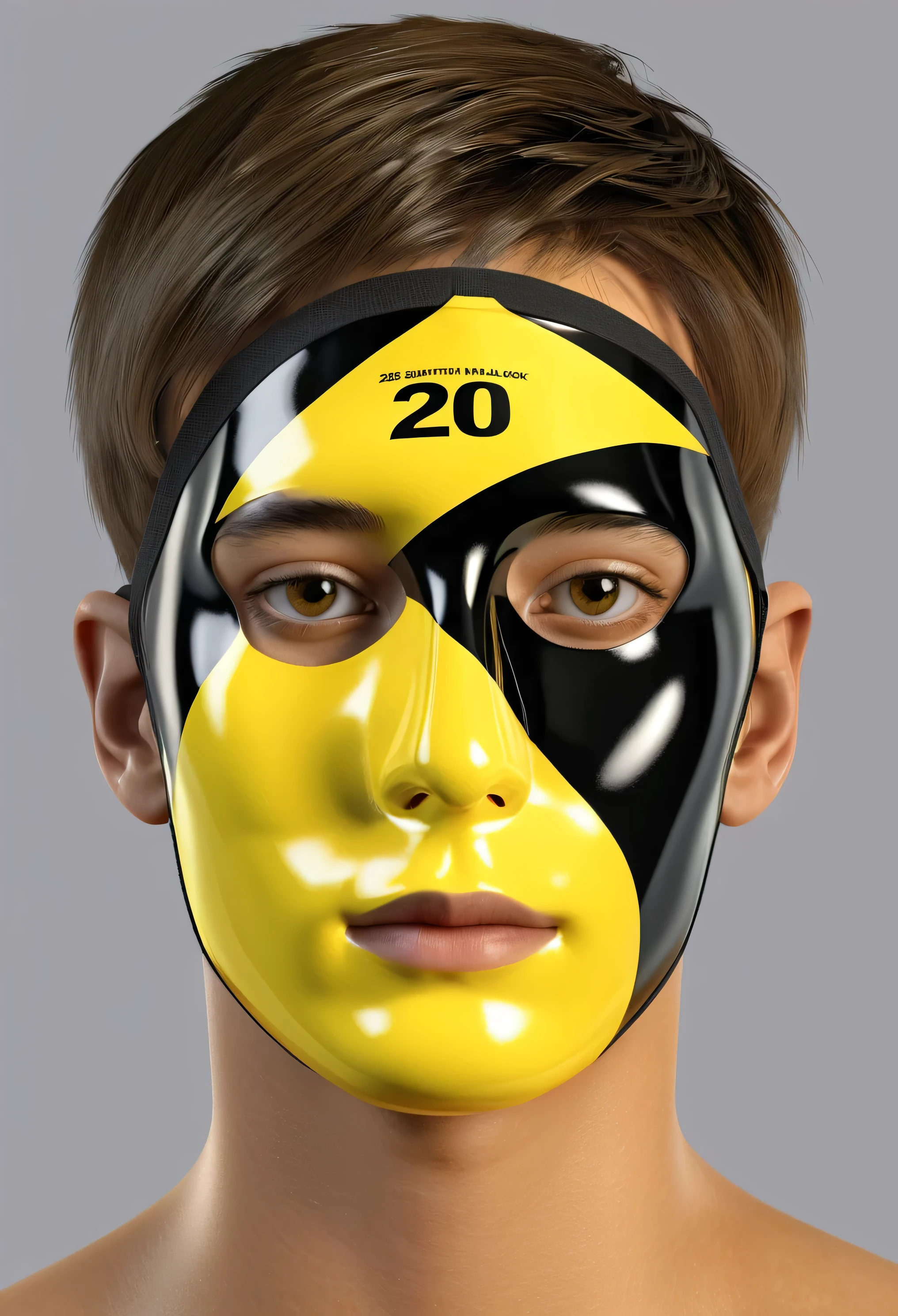 20yo man, beautiful face, face covered by yellow and black shiny mask, "2501" brand mask, complete head portrait, numbers and text over face, level eyes, photorealistic best hdr quality