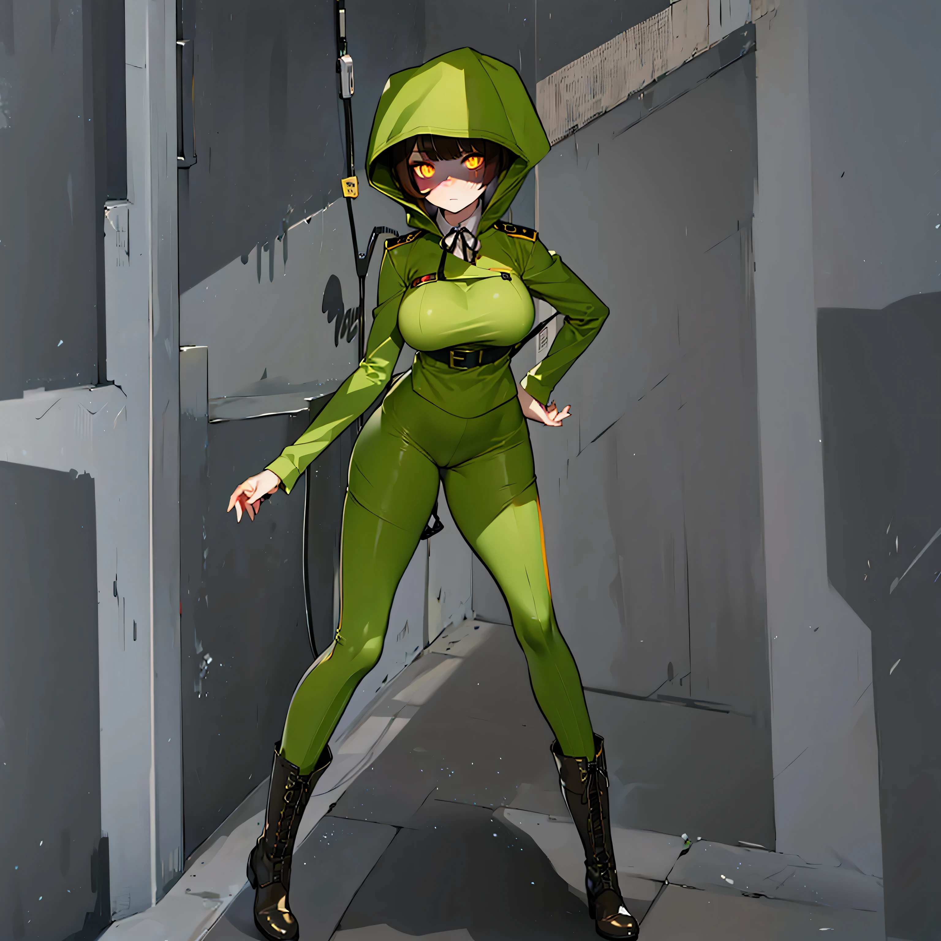 (solo cute girl standing in trench:1.3), (light brown hair:1.2) , (very long legs), (skinny long legs), (very short torso), swaying back, BREAK, (open legs:1.2), tiptoe, pigeon toed, BREAK, (bouncing unaligned large breasts:1.2), perky breasts, thin waist, BREAK, (dark brown military uniform:1.4), (hood covers face), trousers, military boots, BREAK, nose blush, looking at viewer, BREAK, (glowing golden eyes:1.6), BREAK, (wire entanglement fence in background), BREAK, (masterpiece, best quality, ultra-detailed:1.5), (nsfw:0.8), coverd erectile nipples, cameltoe