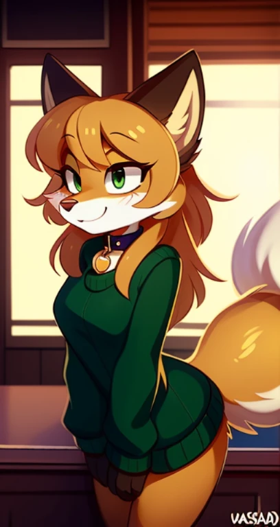 Nervous smiling, uploaded the e621, beautiful and detailed, woman (((female))) ((anthro)) Fox, (Averi, Fox girl), by waspsalad, by phluks, by zero-sum, cinematic lighting, Fox, (anthro, fluffy fur, character focus:1.1), 1girl, anthro fox girl, body fur, curvy, sexy, nice, cute, hot, comfortable anime-style cartoon-style, digital drawing, collar, (half-closed eyes), green eyes, bent over, green sweater,nsfw,