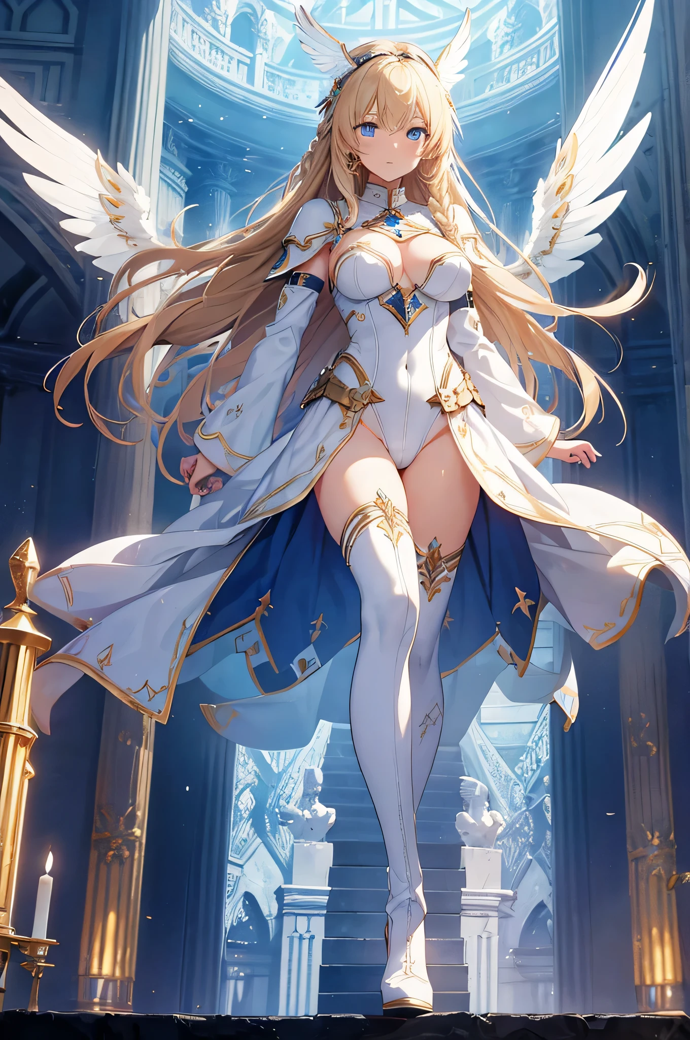 4k,High resolution,one woman,blonde,long hair,Braid,blue eyes,big breasts,Valkyrie,White sacred leotard armor,High leg,Winged headgear,White Holy Boots,jewelry decoration,Holy Sword,temple in the sky
