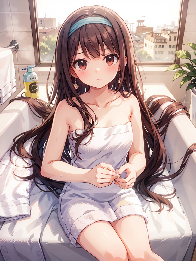 masterpiece, beautiful illustrations, highest quality, pretty girl, 1girl, (Bedroom), pastel colour, (bath towel:1.5), reddish brown long hair, headband, bright lighting, presenting, looking at viewer, on bed