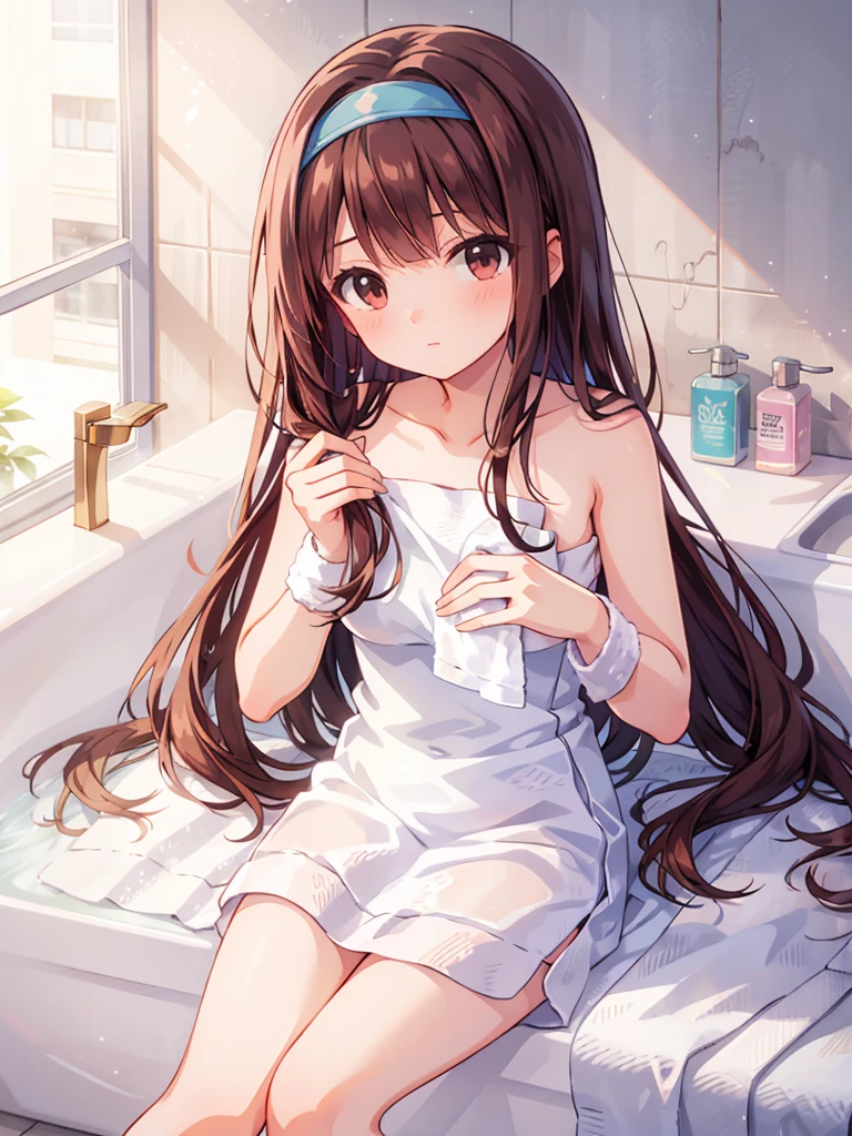 masterpiece, beautiful illustrations, highest quality, pretty girl, 1girl, (Bedroom), pastel colour, (bath towel:1.5), reddish brown long hair, headband, bright lighting, presenting, looking at viewer, on bed